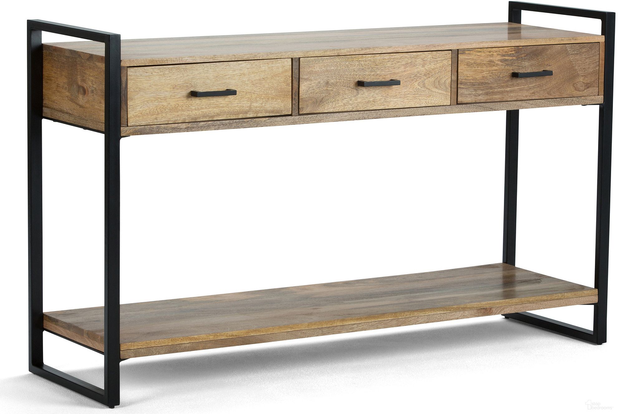 The appearance of Riverside Solid Mango Wood Console Sofa Table In Natural designed by Simpli Home in the modern / contemporary interior design. This natural piece of furniture  was selected by 1StopBedrooms from Riverside Collection to add a touch of cosiness and style into your home. Sku: 3AXCRIV-03. Material: Mango Wood.