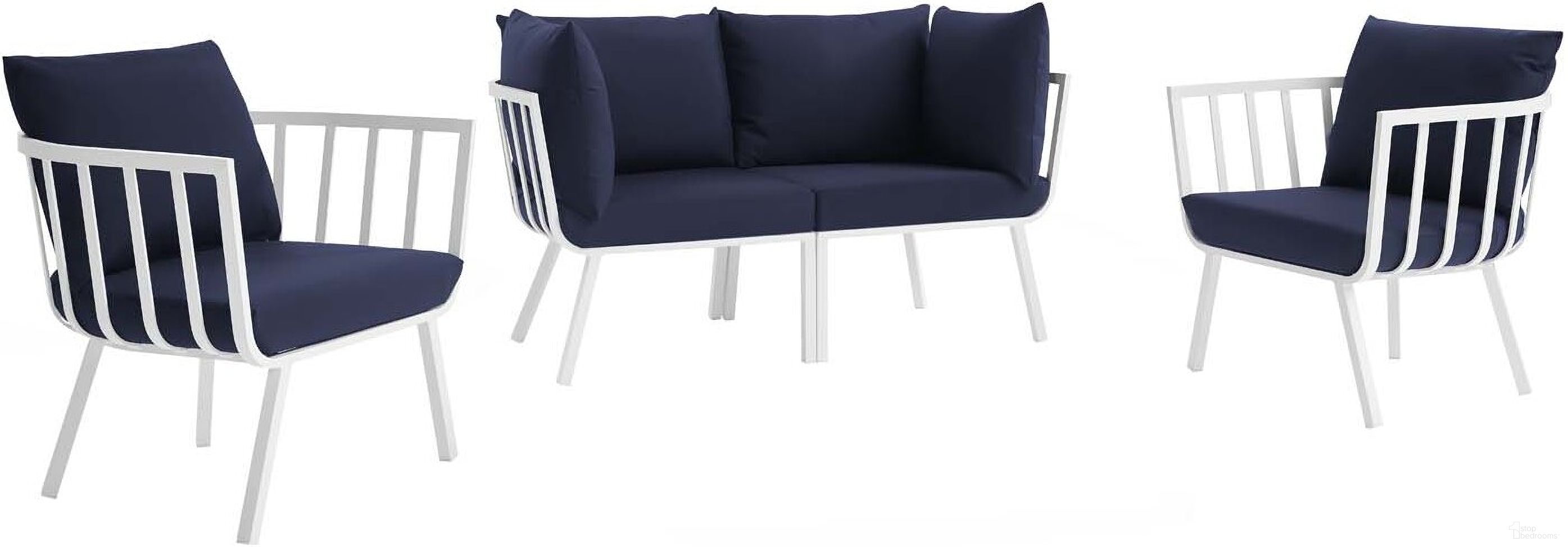 The appearance of Riverside White Navy 4 Piece Outdoor Patio Aluminum Set designed by Modway in the modern / contemporary interior design. This white navy piece of furniture  was selected by 1StopBedrooms from Riverside Collection to add a touch of cosiness and style into your home. Sku: EEI-3566-WHI-NAV;EEI-3566-WHI-NAV;EEI-3569-WHI-NAV;EEI-3569-WHI-NAV. Material: Foam.