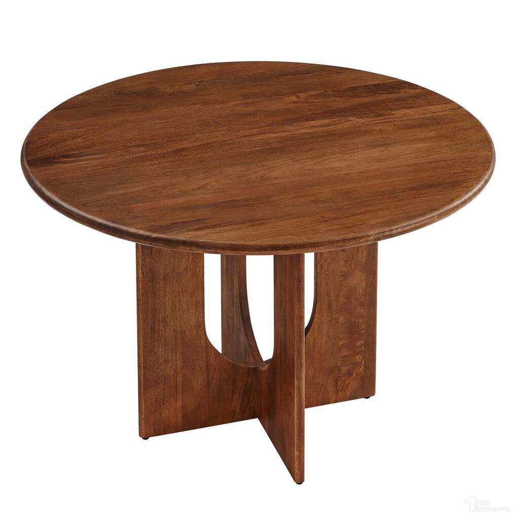 The appearance of Rivian 48 Inch Wood Round Dining Table In Walnut designed by Modway in the transitional interior design. This walnut piece of furniture was selected by 1StopBedrooms from Rivian Collection to add a touch of cosiness and style into your home. Sku: EEI-6592-WAL-1;EEI-6592-WAL-2. Table Base Style: Pedestal. Table Top Shape: Round. Material: Wood. Size: 48".