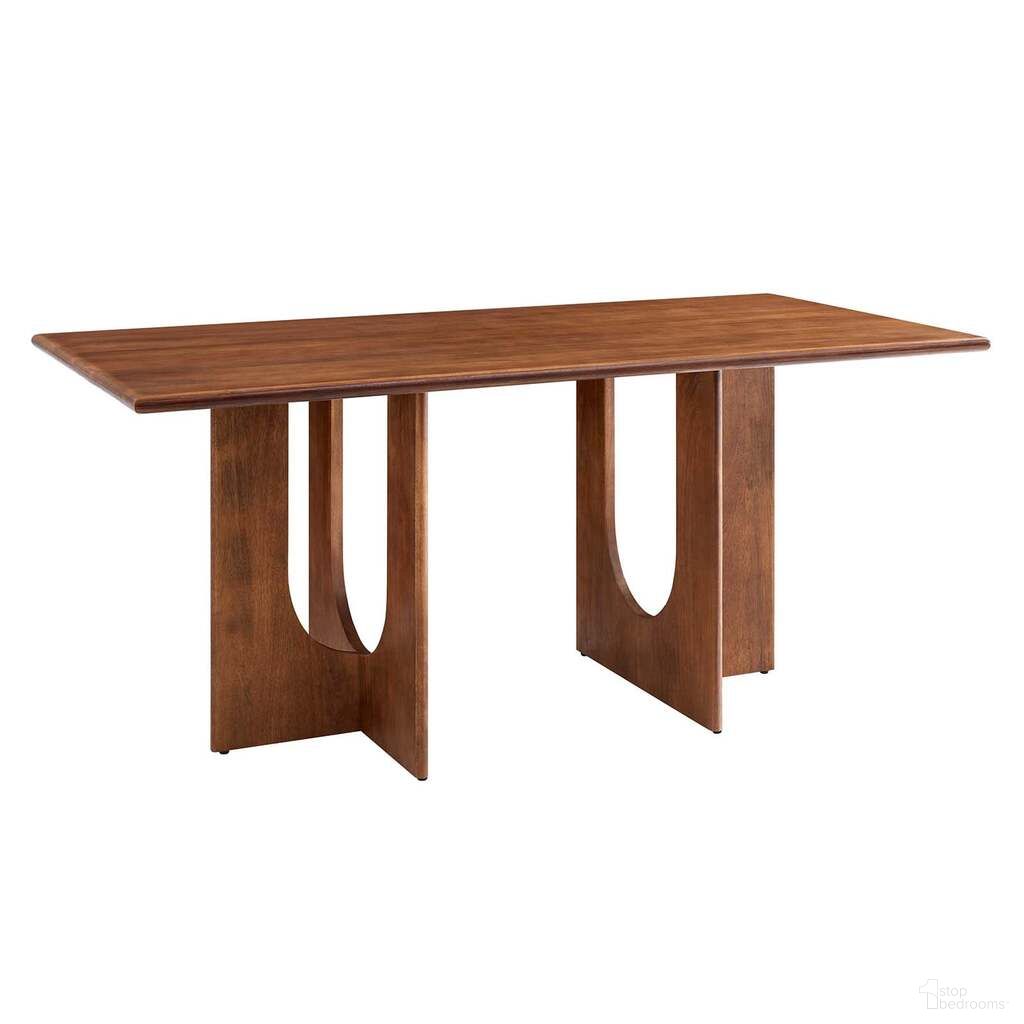 The appearance of Rivian 70 Inch Wood Rectangular Dining Table In Walnut designed by Modway in the transitional interior design. This walnut piece of furniture was selected by 1StopBedrooms from Rivian Collection to add a touch of cosiness and style into your home. Sku: EEI-6593-WAL. Table Base Style: Double Pedestal. Material: Wood. Table Top Shape: Rectangular. Size: 35" x 70".