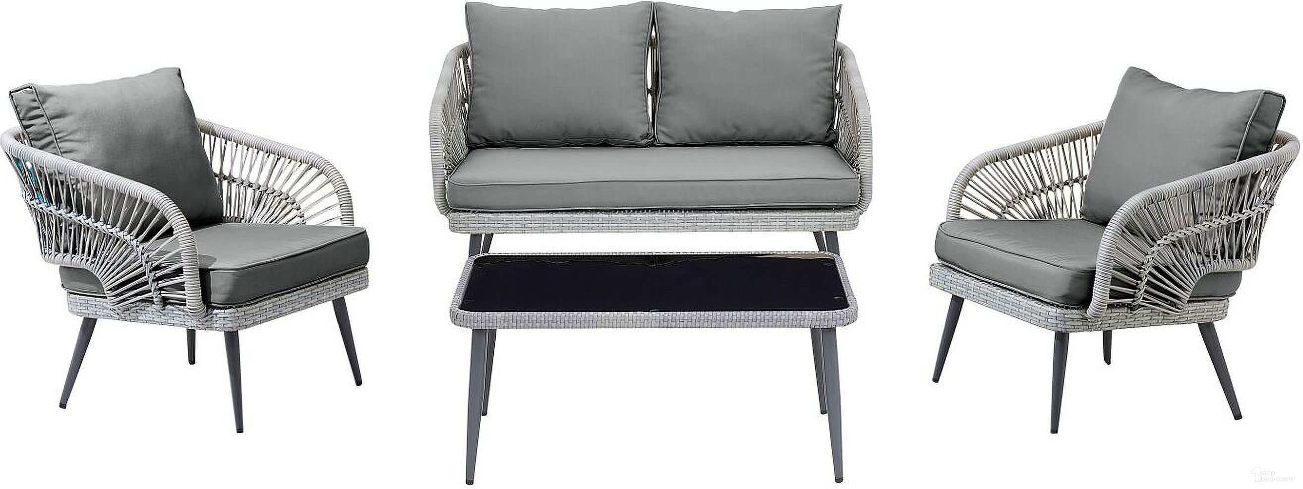 The appearance of Riviera Rope Wicker 4-Piece 4 Seater Patio Conversation Set With Cushions In Grey designed by Manhattan Comfort in the modern / contemporary interior design. This grey piece of furniture  was selected by 1StopBedrooms from Riviera Collection to add a touch of cosiness and style into your home. Sku: OD-CV016-GY. Material: Steel.