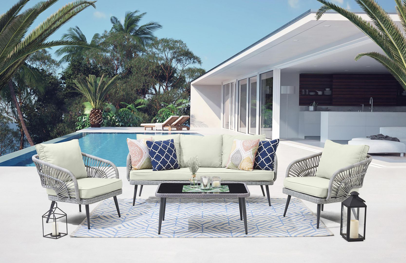 Riviera Rope Wicker 4-Piece 5 Seater Patio Conversation Set With Cushions In Grey/Cream