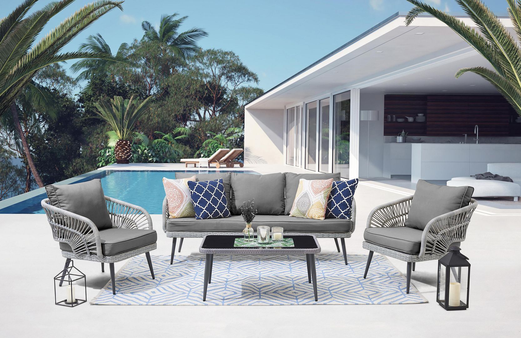 The appearance of Riviera Rope Wicker 4-Piece 5 Seater Patio Conversation Set With Cushions In Grey designed by Manhattan Comfort in the modern / contemporary interior design. This grey piece of furniture  was selected by 1StopBedrooms from Riviera Collection to add a touch of cosiness and style into your home. Sku: OD-CV015-GY. Material: Steel.