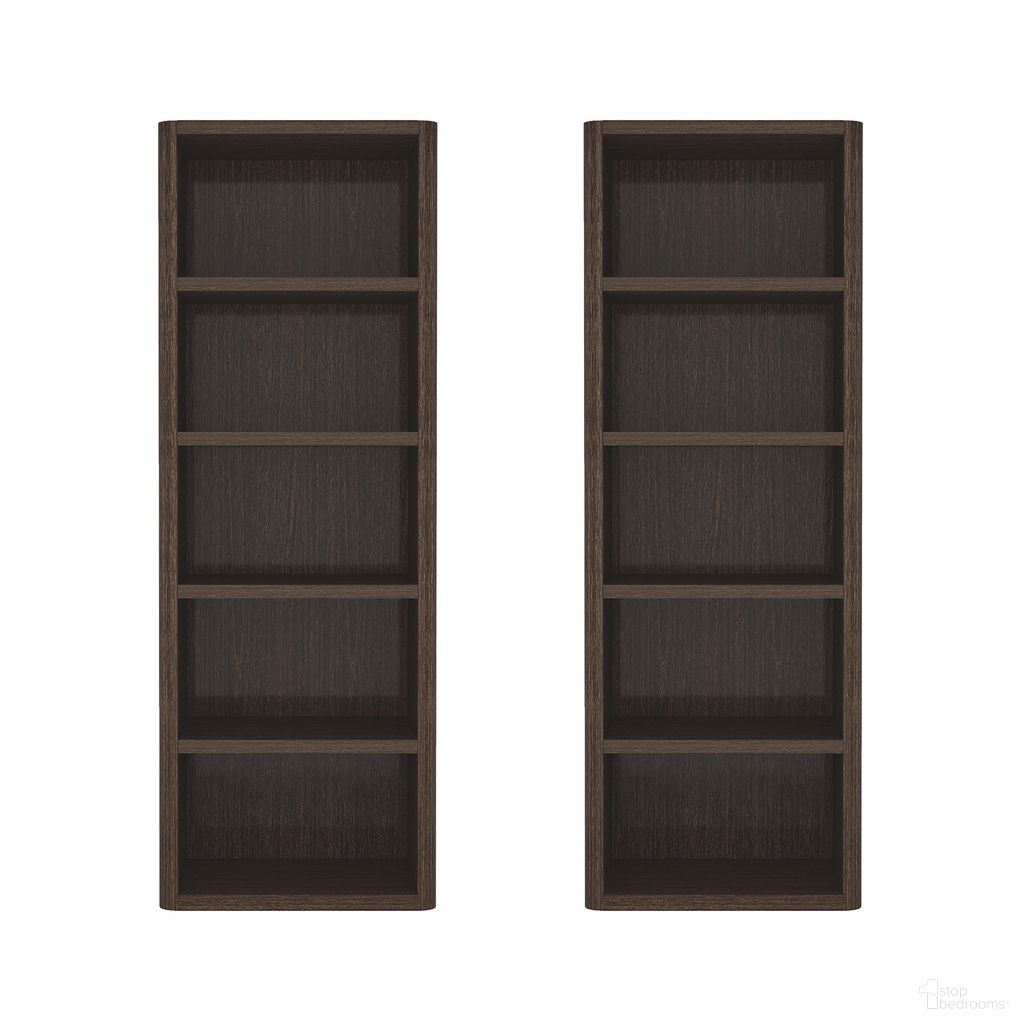 The appearance of Rivington Modern 5-Shelf Open Bookcase Set of 2 in Dark Walnut designed by Manhattan Comfort in the modern / contemporary interior design. This dark walnut piece of furniture  was selected by 1StopBedrooms from Rivington Collection to add a touch of cosiness and style into your home. Sku: BC003-BR;BC003-BR. Material: MDP.