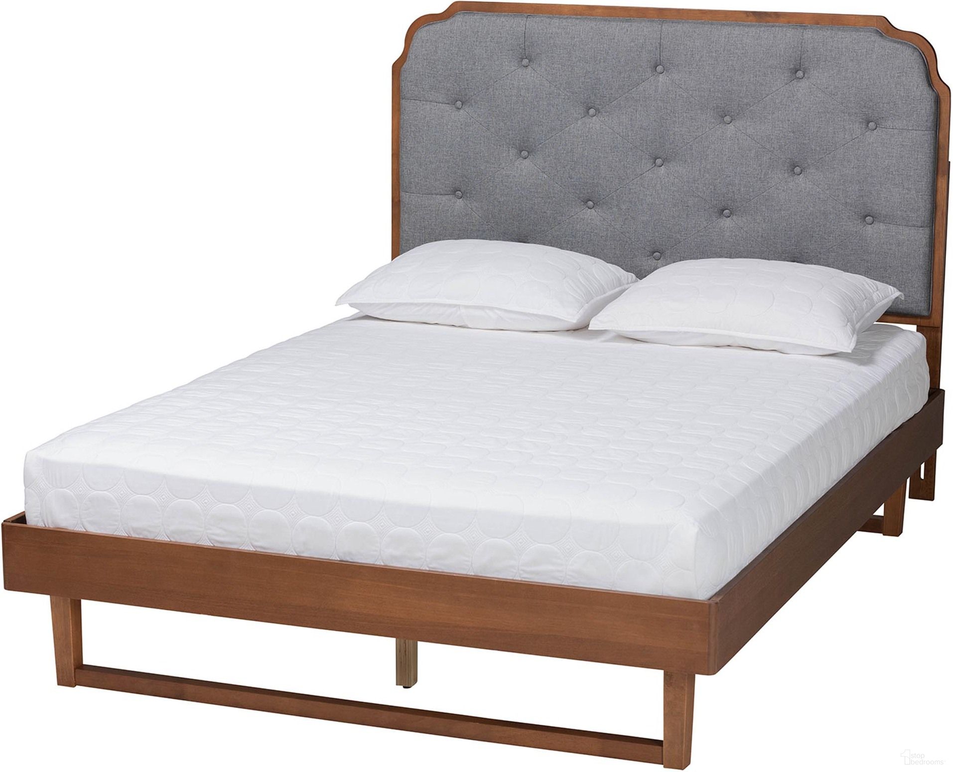 Roald Wood King Platform Bed In Grey Fabric and Walnut Brown