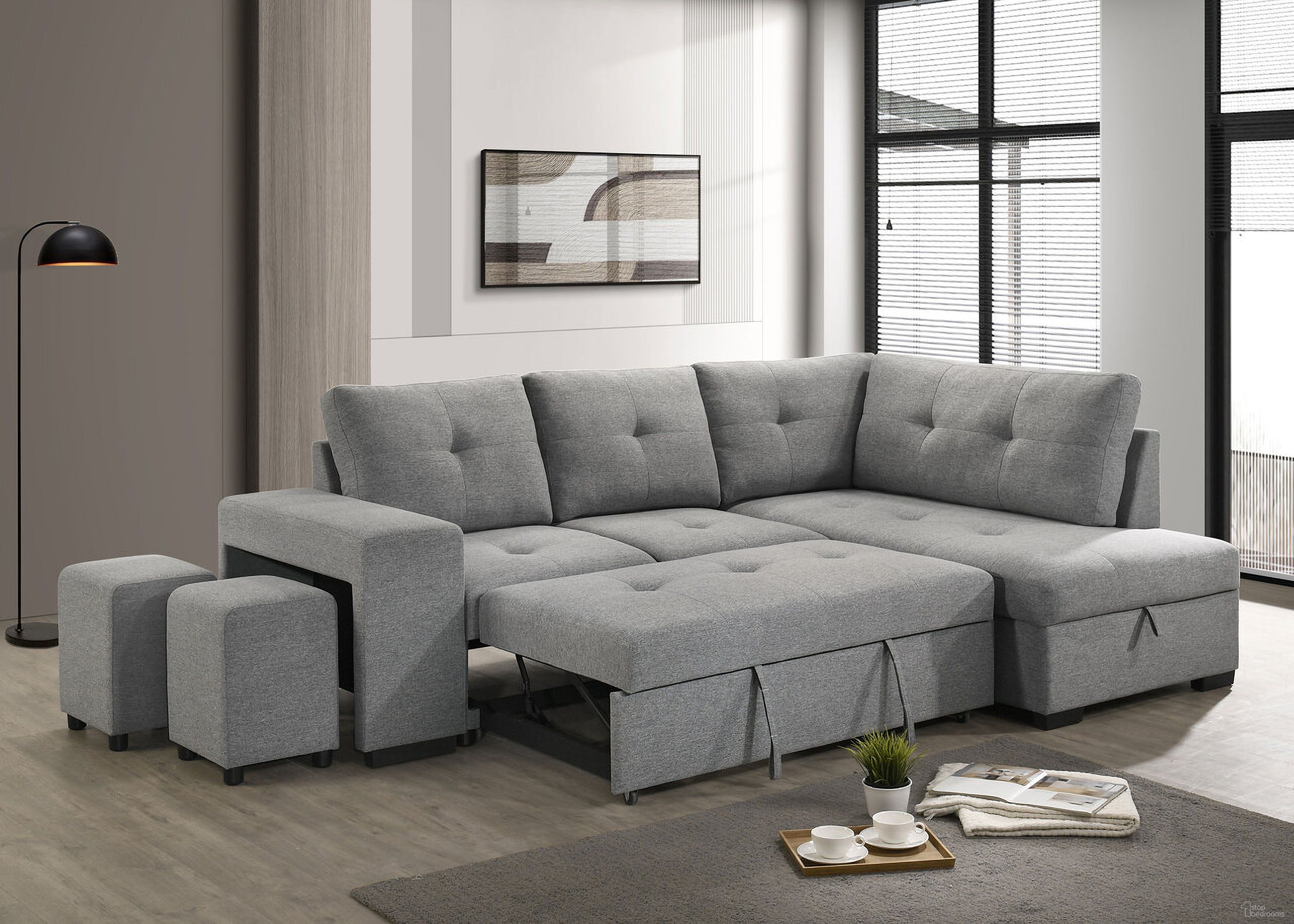 The appearance of Roanne Fabric Upholstered Sleeper Sectional Sofa In Grey designed by Coaster in the transitional interior design. This grey piece of furniture was selected by 1StopBedrooms from Roanne Collection to add a touch of cosiness and style into your home. Sku: 500347B1;500347B2;500347B3. Material: Veneer.