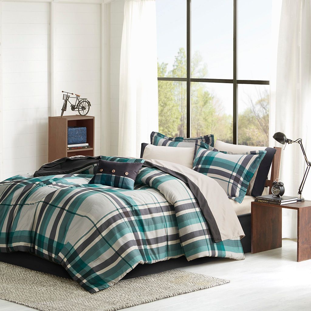 The appearance of Robbie Plaid 9 Piece Queen Comforter Set with Bed Sheets In Teal and Black designed by Olliix in the transitional interior design. This black and teal piece of furniture  was selected by 1StopBedrooms from Robbie Collection to add a touch of cosiness and style into your home. Sku: ID10-2433. Material: Polyester. Bed Size: Queen.