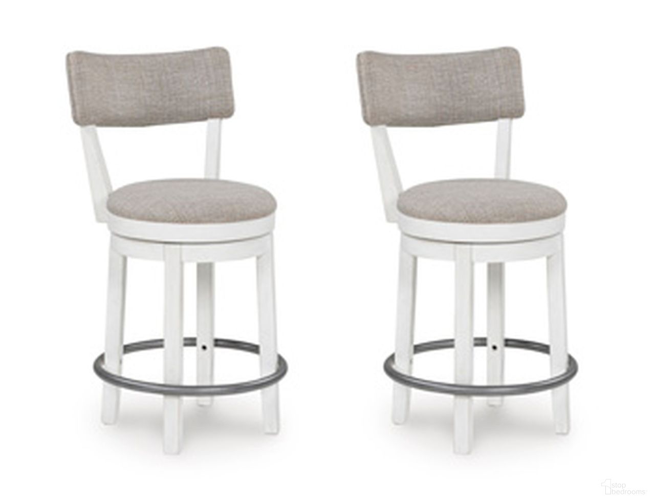 The appearance of Robbinsdale 37 Inch Counter Height Barstool Set of 2 In Antique White designed by Signature Design by Ashley in the transitional interior design. This antique white piece of furniture was selected by 1StopBedrooms from Robbinsdale Collection to add a touch of cosiness and style into your home. Sku: D642-224. Material: Fabric.