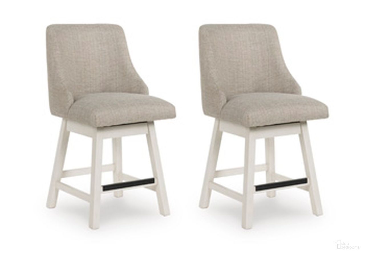 The appearance of Robbinsdale 38 Inch Counter Height Barstool Set of 2 In Antique White designed by Signature Design by Ashley in the transitional interior design. This antique white piece of furniture was selected by 1StopBedrooms from Robbinsdale Collection to add a touch of cosiness and style into your home. Sku: D642-324. Material: Fabric.