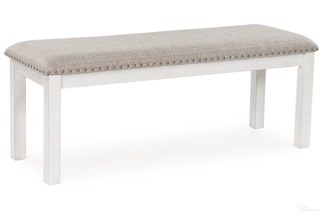 The appearance of Robbinsdale 48 Inch Dining Bench In Antique White designed by Signature Design by Ashley in the transitional interior design. This antique white piece of furniture was selected by 1StopBedrooms from Robbinsdale Collection to add a touch of cosiness and style into your home. Sku: D642-00. Material: Fabric.