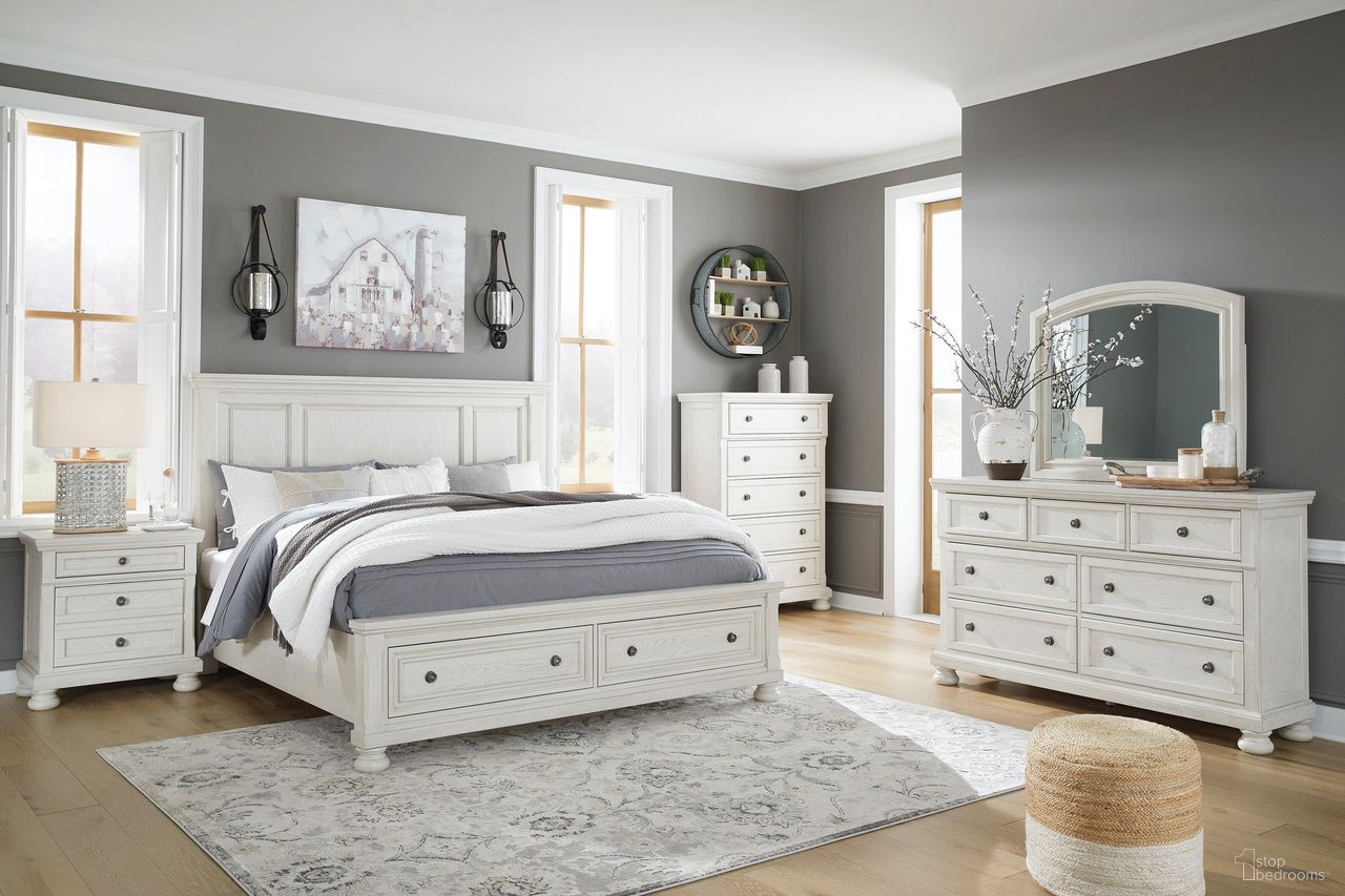 The appearance of Robbinsdale Bedroom Set In Antique White designed by Signature Design by Ashley in the transitional interior design. This antique white piece of furniture was selected by 1StopBedrooms from Robbinsdale Collection to add a touch of cosiness and style into your home. Sku: B742-57;B742-74;B742-98;B742-92. Bed Type: Storage Bed. Material: Wood. Bed Size: Queen.