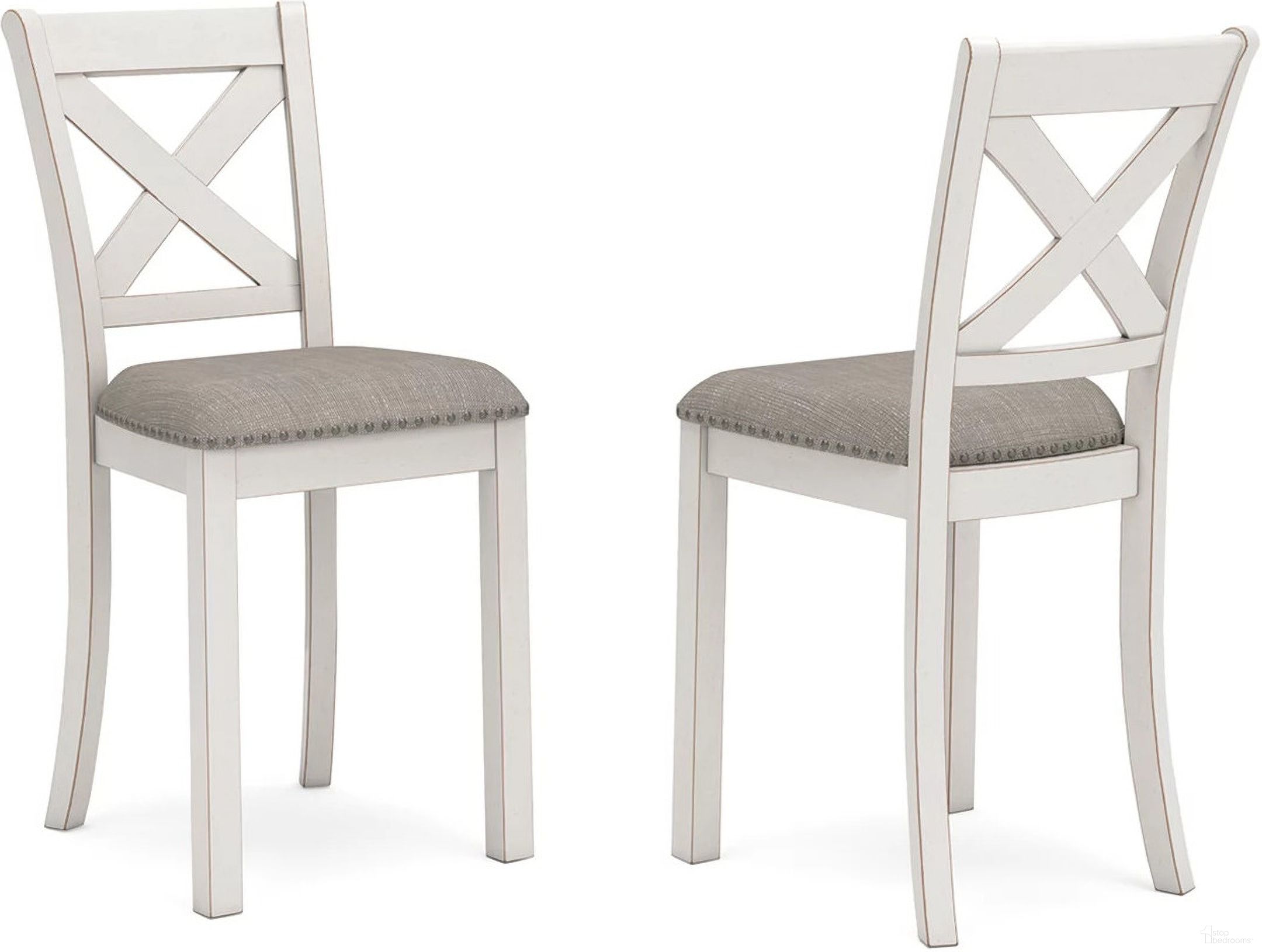 The appearance of Robbinsdale 42 Inch Counter Height Barstool Set of 2 In Antique White designed by Signature Design by Ashley in the transitional interior design. This antique white piece of furniture was selected by 1StopBedrooms from Robbinsdale Collection to add a touch of cosiness and style into your home. Sku: D642-124. Material: Fabric.
