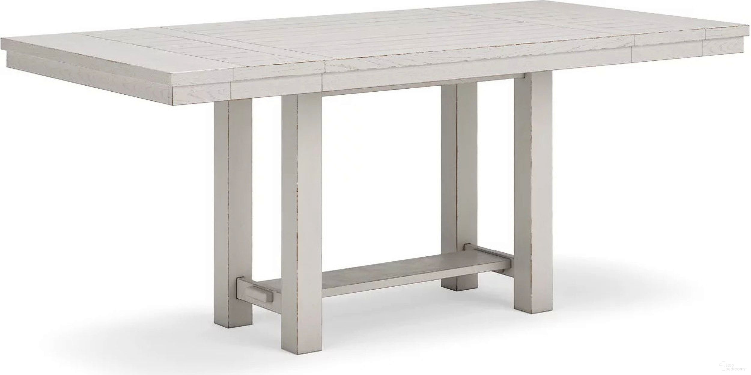 The appearance of Robbinsdale Counter Height Dining Extension Table In Antique White designed by Signature Design by Ashley in the transitional interior design. This antique white piece of furniture was selected by 1StopBedrooms from Robbinsdale Collection to add a touch of cosiness and style into your home. Sku: D642-32. Table Base Style: Trestle. Material: Wood. Table Top Shape: Rectangular. Size: 42" x 86".