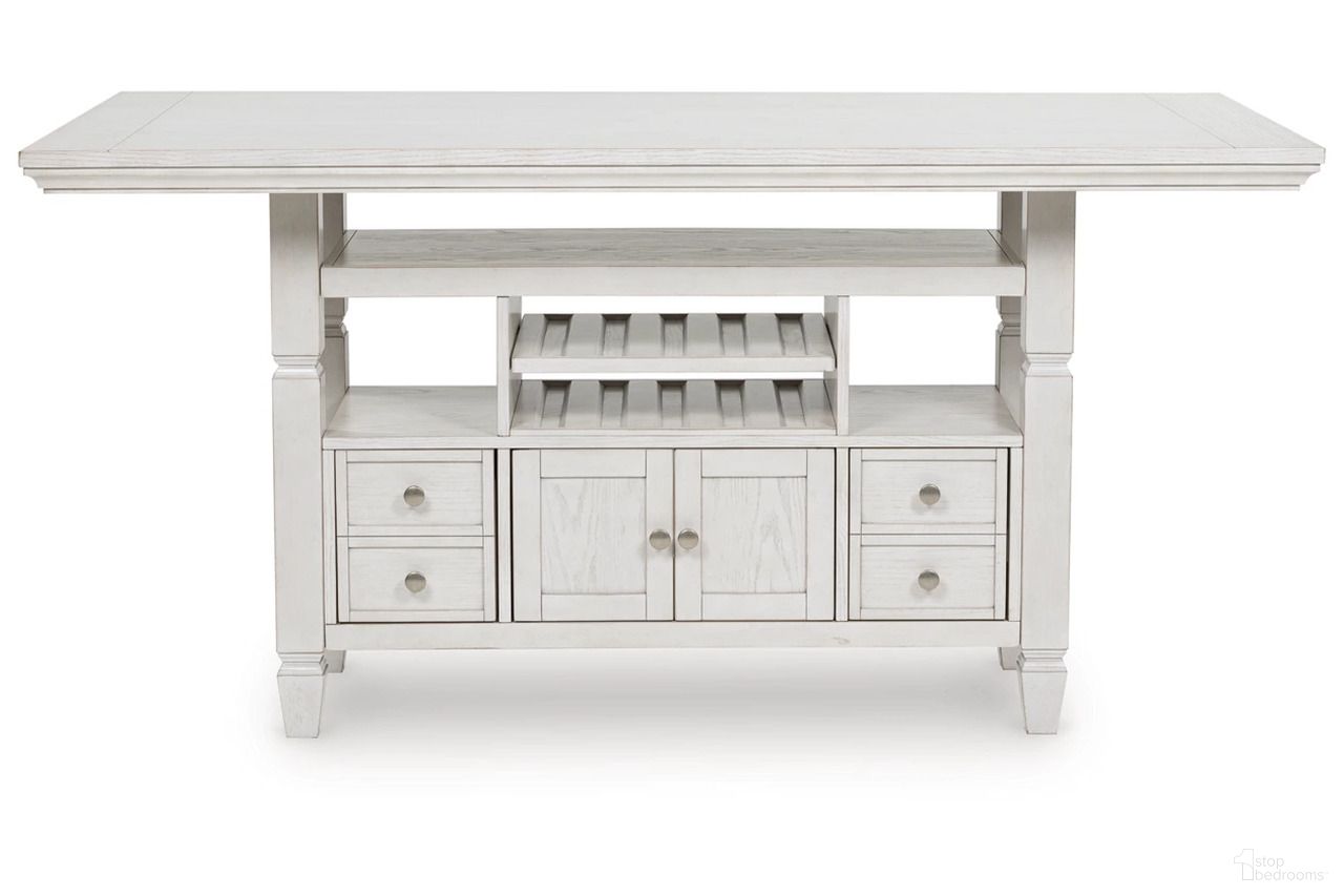 The appearance of Robbinsdale Counter Height Dining Table In Antique White designed by Signature Design by Ashley in the transitional interior design. This antique white piece of furniture was selected by 1StopBedrooms from Robbinsdale Collection to add a touch of cosiness and style into your home. Sku: D642-13B;D642-13T. Table Base Style: Legs. Table Top Shape: Rectangular. Material: Rubberwood. Size: 72" x 36".