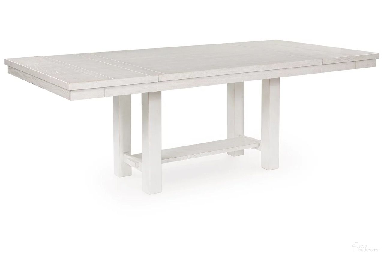 The appearance of Robbinsdale Dining Extension Table In Antique White designed by Signature Design by Ashley in the transitional interior design. This antique white piece of furniture was selected by 1StopBedrooms from Robbinsdale Collection to add a touch of cosiness and style into your home. Sku: D642-45. Table Base Style: Trestle. Material: Wood. Table Top Shape: Rectangular. Size: 42" x 86".