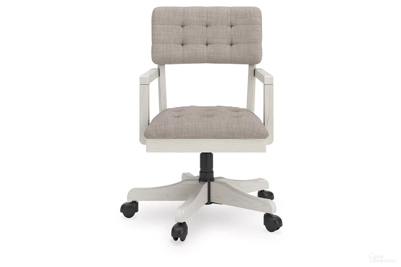 The appearance of Robbinsdale Home Office Desk Chair In Antique White designed by Signature Design by Ashley in the transitional interior design. This antique white piece of furniture was selected by 1StopBedrooms from Robbinsdale Collection to add a touch of cosiness and style into your home. Sku: H742-01A. Material: Fabric.