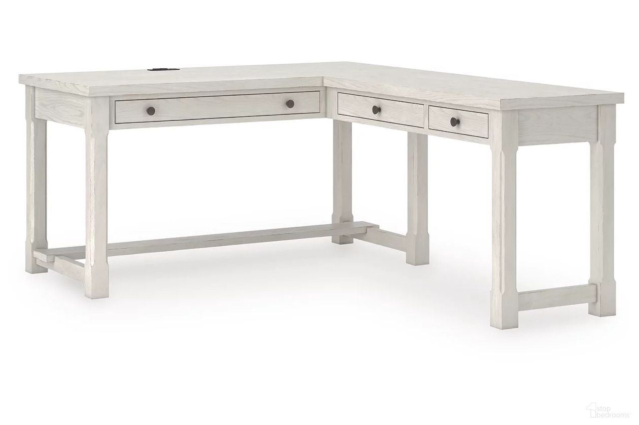 The appearance of Robbinsdale L-Shaped Home Office Desk In Antique White designed by Signature Design by Ashley in the transitional interior design. This antique white piece of furniture  was selected by 1StopBedrooms from Robbinsdale Collection to add a touch of cosiness and style into your home. Sku: H742-34;H742-34R.