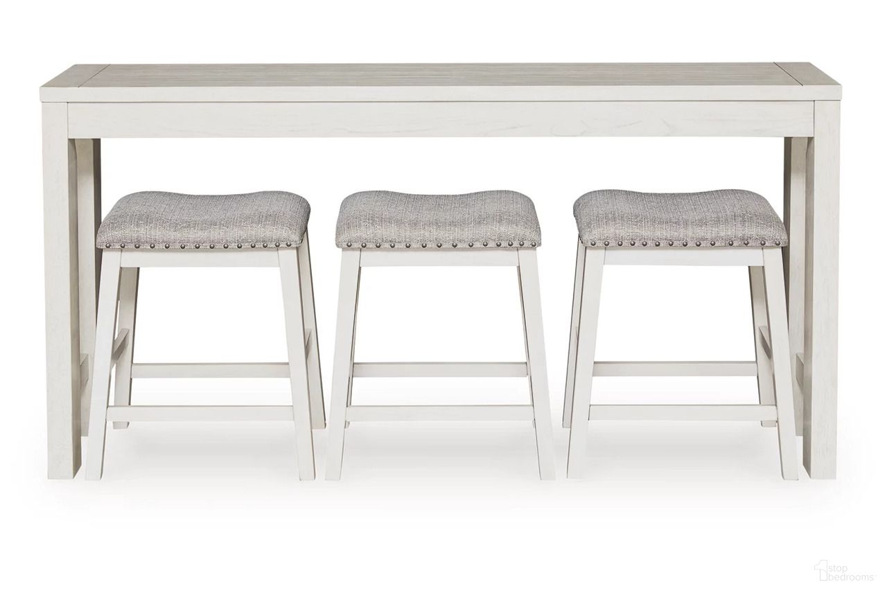 The appearance of Robbinsdale Rectangular Counter Height Dining Room Set In Antique White designed by Signature Design by Ashley in the transitional interior design. This antique white piece of furniture was selected by 1StopBedrooms from Robbinsdale Collection to add a touch of cosiness and style into your home. Sku: D642-113. Material: Wood.