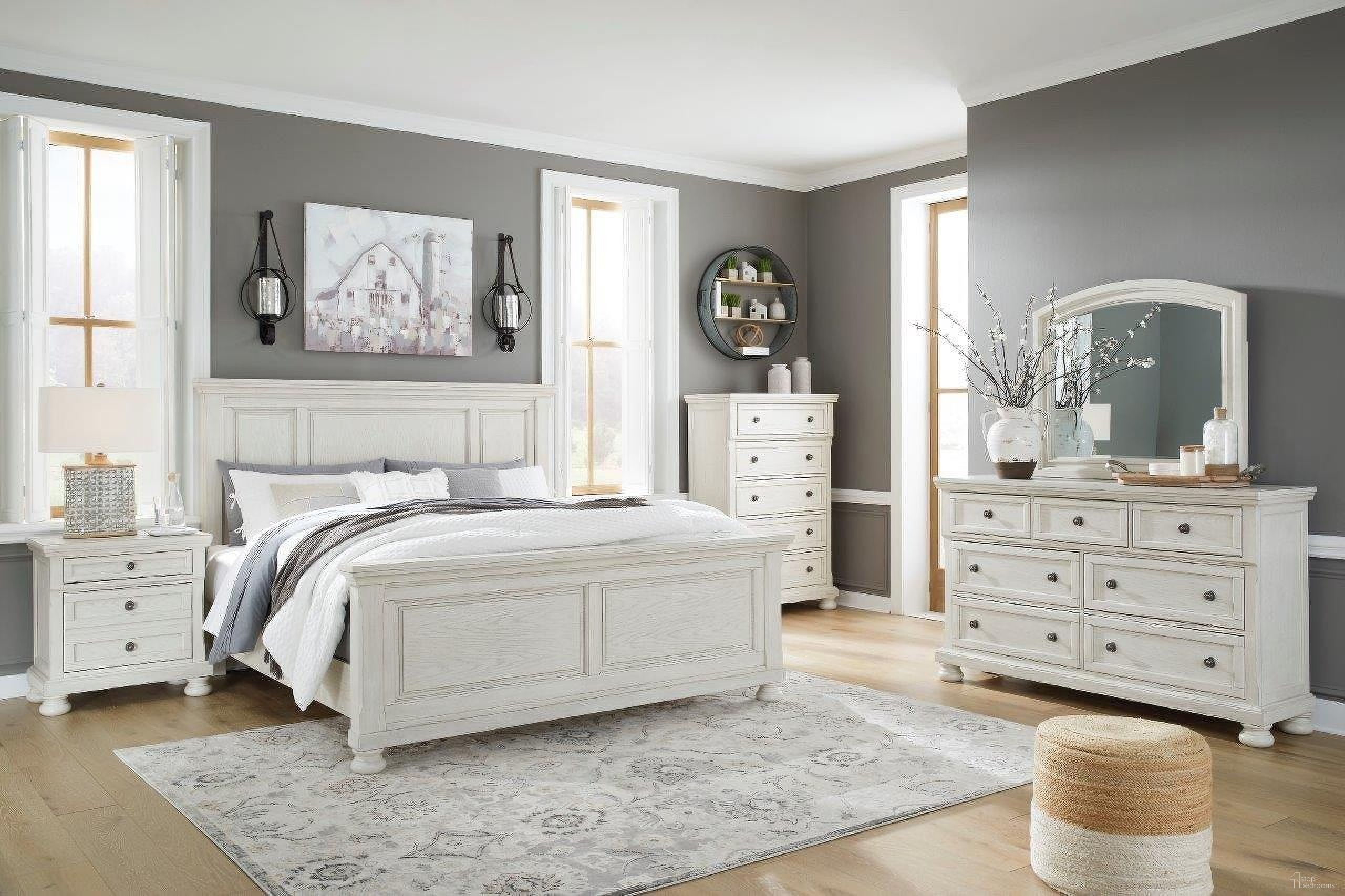 The appearance of Robbinsdale Sleigh Bedroom Set In Antique White designed by Signature Design by Ashley in the transitional interior design. This antique white piece of furniture  was selected by 1StopBedrooms from Robbinsdale Collection to add a touch of cosiness and style into your home. Sku: B742-54;B742-77;B742-96;B742-92. Bed Type: Sleigh Bed. Material: Wood. Bed Size: Queen.