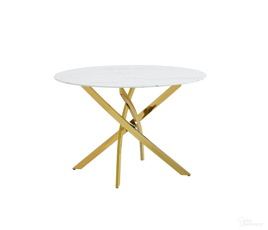 The appearance of Robert Round Glass Dining Table in White and Gold designed by Best Quality Furniture in the glam interior design. This white/gold piece of furniture  was selected by 1StopBedrooms from Robert Collection to add a touch of cosiness and style into your home. Sku: D235-DTT;D235-DTB. Table Base Style: Legs. Table Top Shape: Round. Material: Glass. Size: 45".