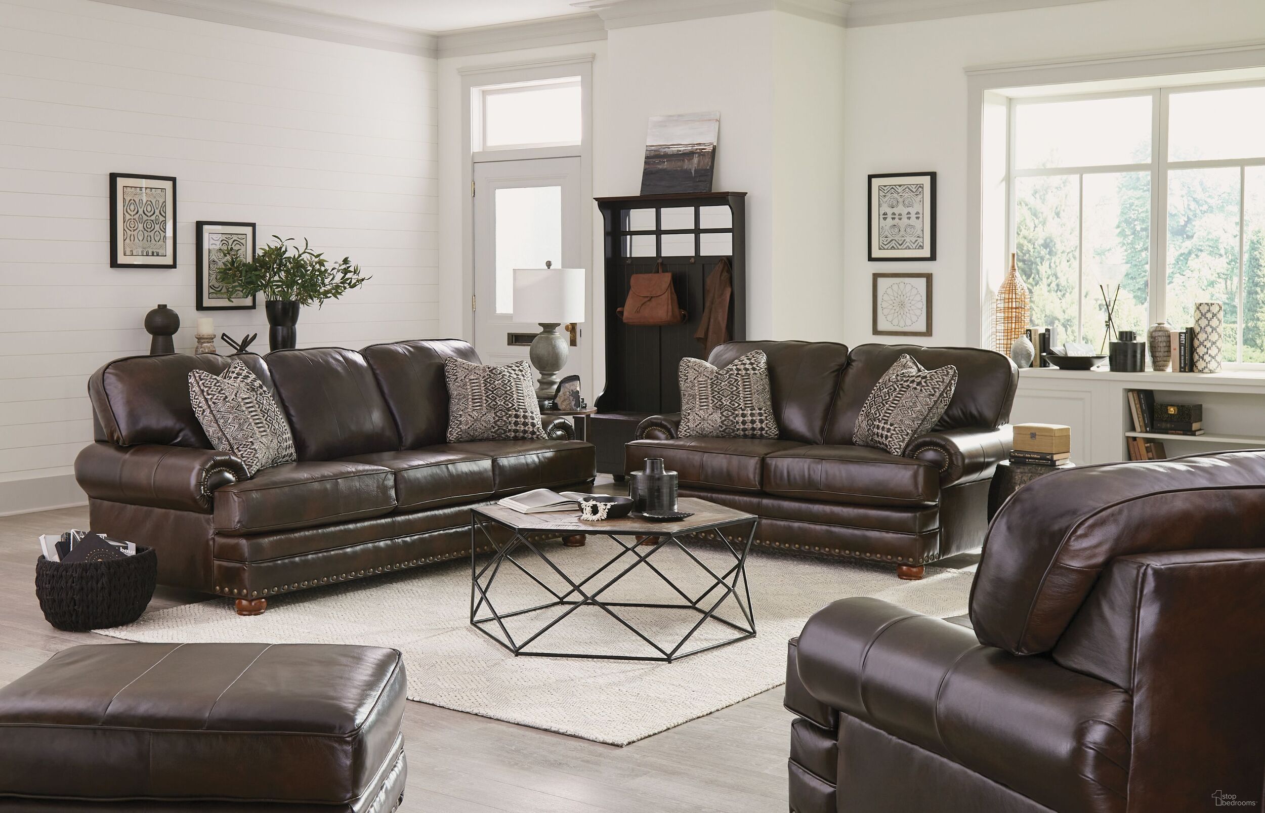 The appearance of Roberto Cocoa Living Room Set designed by Jackson in the transitional interior design. This brown piece of furniture was selected by 1StopBedrooms from Roberto Collection to add a touch of cosiness and style into your home. Sku: 524103126809306809;524102126809306809. Material: Leather.