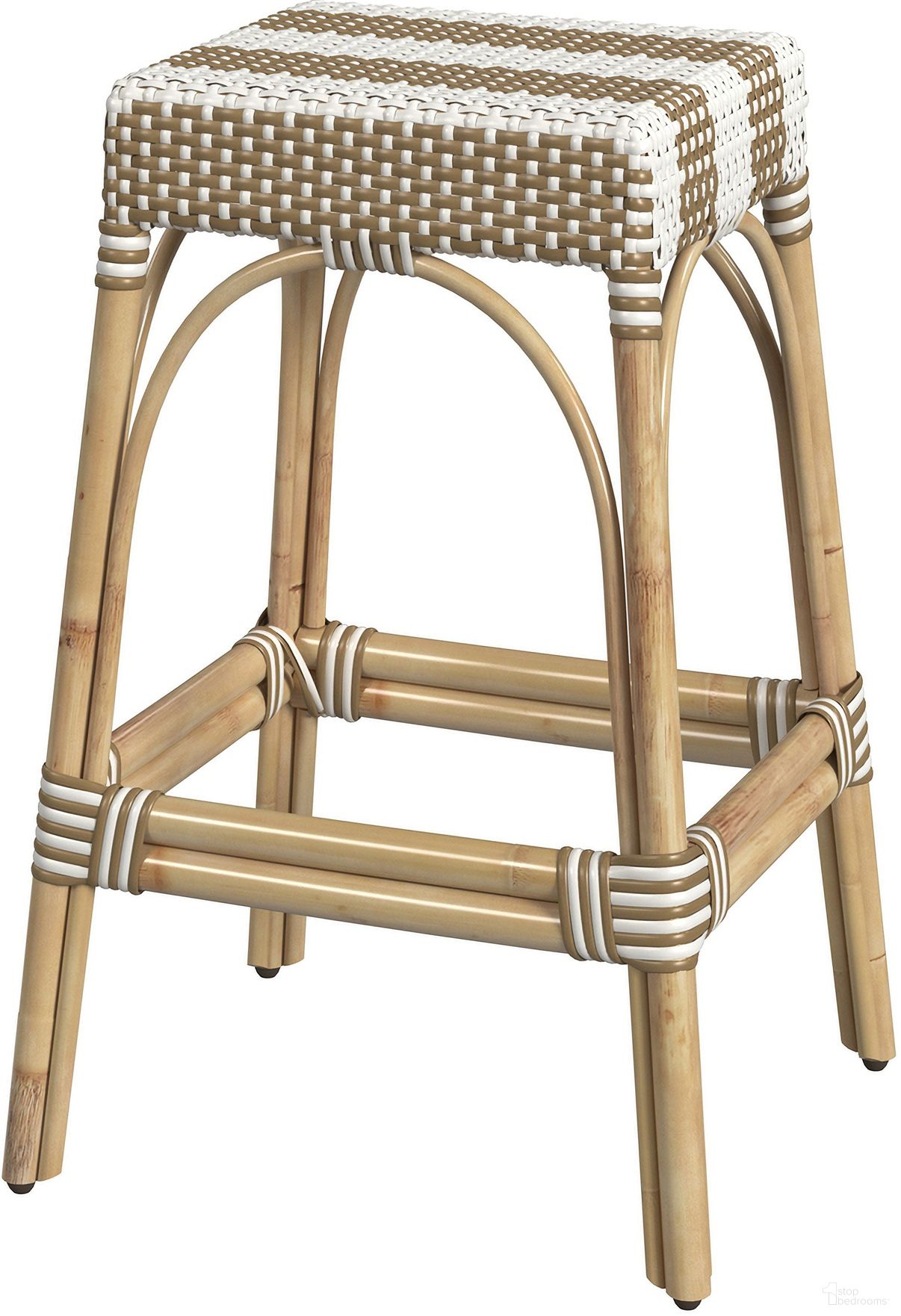 Robias Rectangular Rattan 30 Inch Bar Stool In Tan and White Stripe