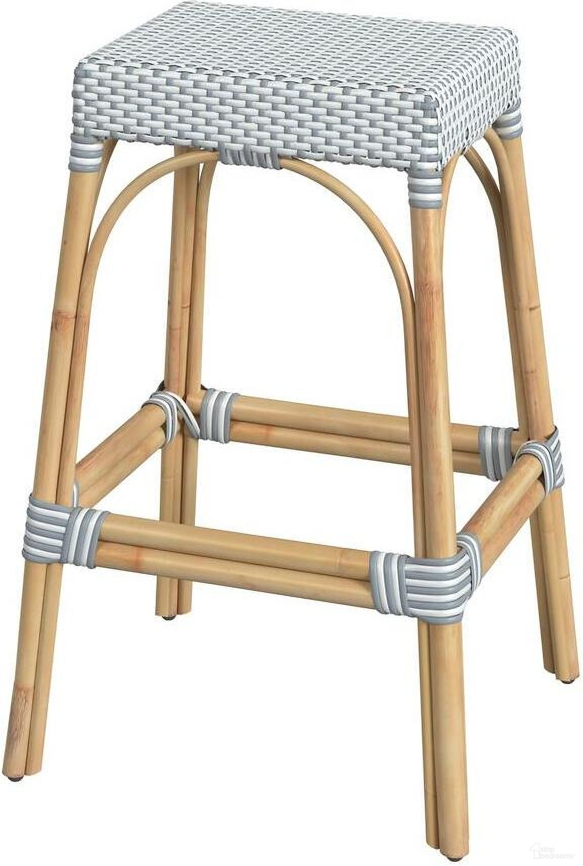 The appearance of Robias Rectangular Rattan 30 Inch Bar Stool In White and Sky Blue Dot designed by Butler Specialty Company in the coastal interior design. This white and sky piece of furniture was selected by 1StopBedrooms from Robias Collection to add a touch of cosiness and style into your home. Sku: 5604194. Material: Rattan.