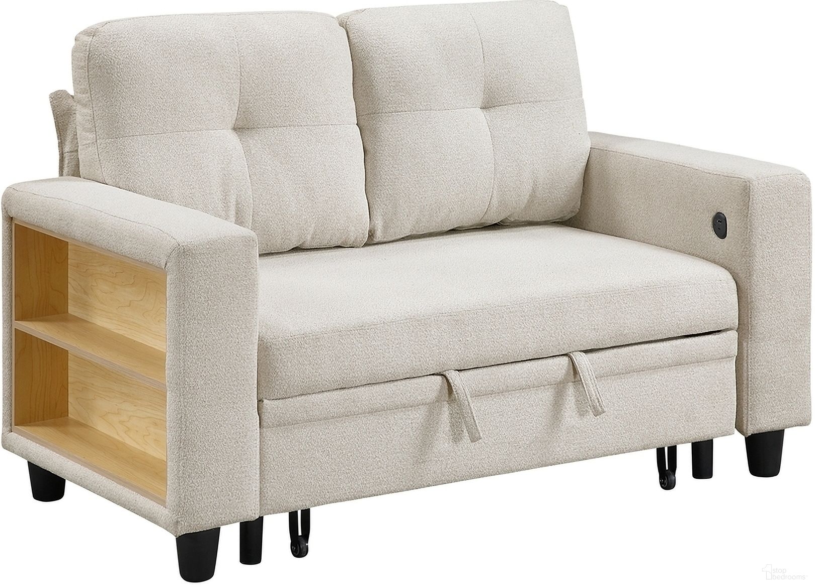 The appearance of Robinson Loveseat with Pull-out Bed and Charging Ports In Beige designed by Homelegance in the modern / contemporary interior design. This beige piece of furniture was selected by 1StopBedrooms from Robinson Collection to add a touch of cosiness and style into your home. Sku: 9705BE-AB;9705BE-2A. Material: Boucle.