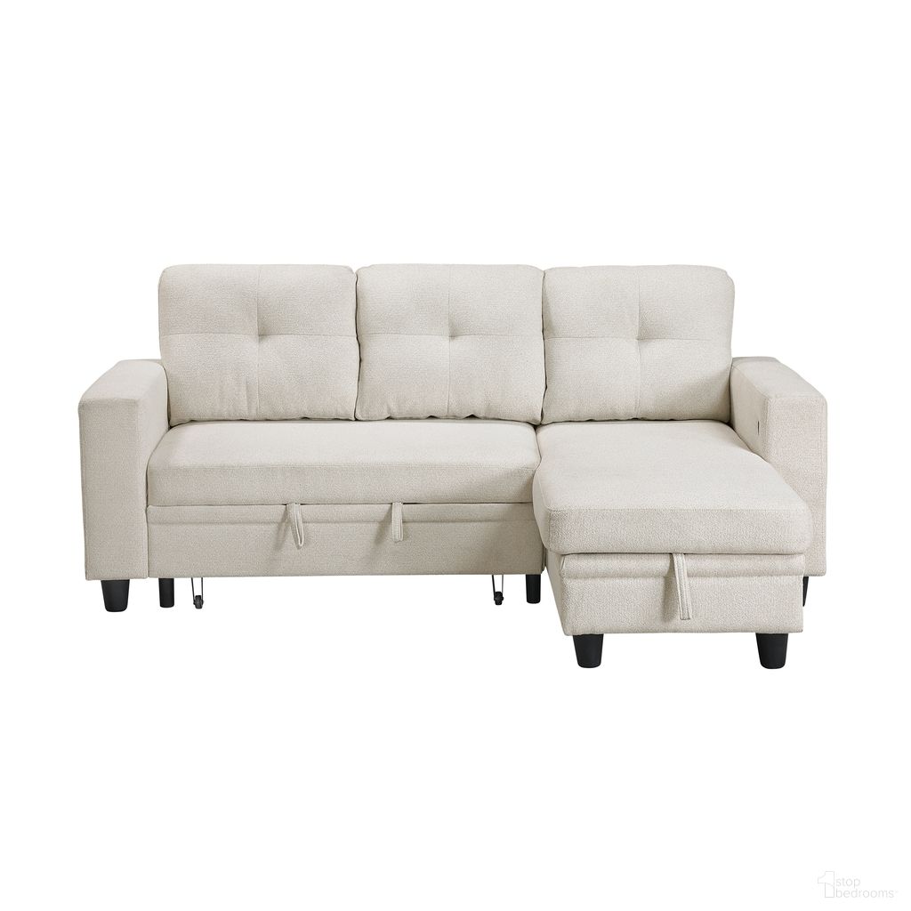 The appearance of Robinson Sectional with Reversible Chaise, Pull-out Bed, Shelves and Charging Ports In Beige designed by Homelegance in the modern / contemporary interior design. This beige piece of furniture  was selected by 1StopBedrooms from Robinson Collection to add a touch of cosiness and style into your home. Sku: 9705BE-VC;9705BE-2A;9705BE-AB. Material: Boucle.