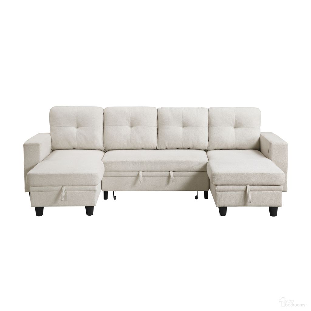 The appearance of Robinson Sectional with Two Chaises, Pull-out Bed, Shelves and Charging Ports In Beige designed by Homelegance in the modern / contemporary interior design. This beige piece of furniture  was selected by 1StopBedrooms from Robinson Collection to add a touch of cosiness and style into your home. Sku: 9705BE-VC;9705BE-VC;9705BE-2A;9705BE-AB. Layout: U-Shape. Material: Boucle.