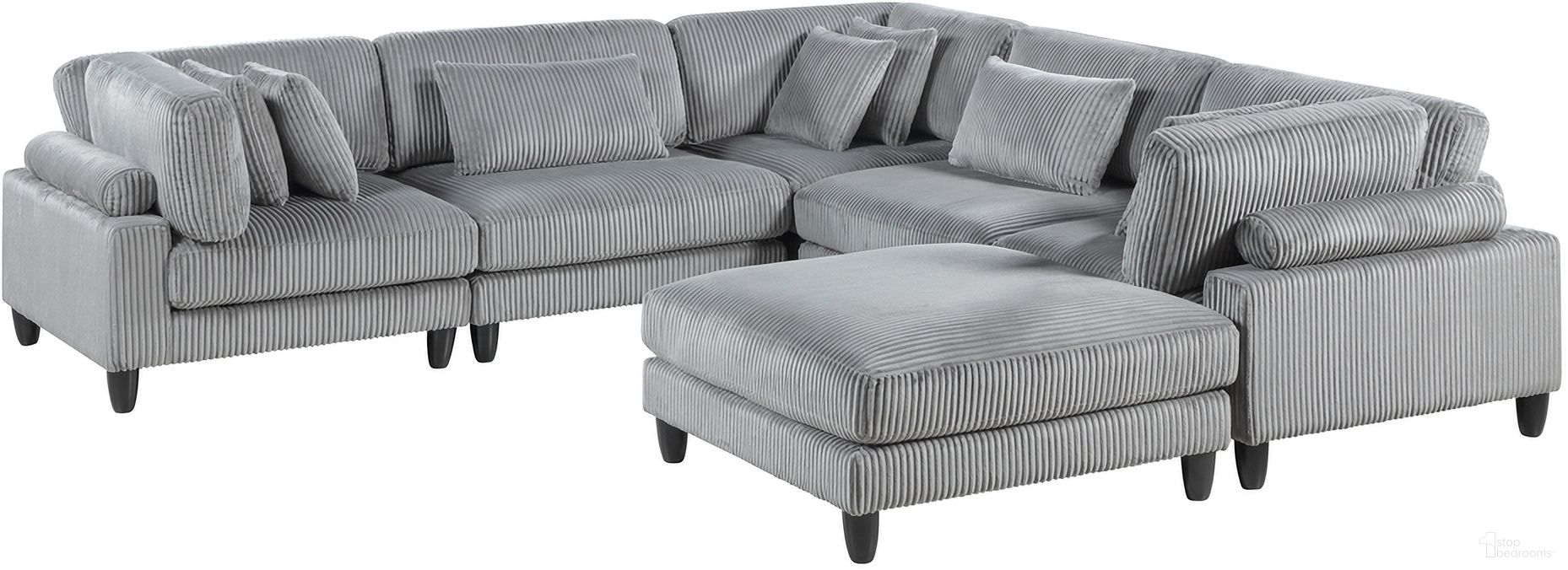 The appearance of Robstown 6-Piece Modular Sectional with Ottoman In Gray designed by Homelegance in the modern / contemporary interior design. This gray piece of furniture  was selected by 1StopBedrooms from Robstown Collection to add a touch of cosiness and style into your home. Sku: 9688GY-4;9688GY-AC;9688GY-AC;9688GY-CR;9688GY-CR;9688GY-CR. Layout: L-Shape. Material: Corduroy.