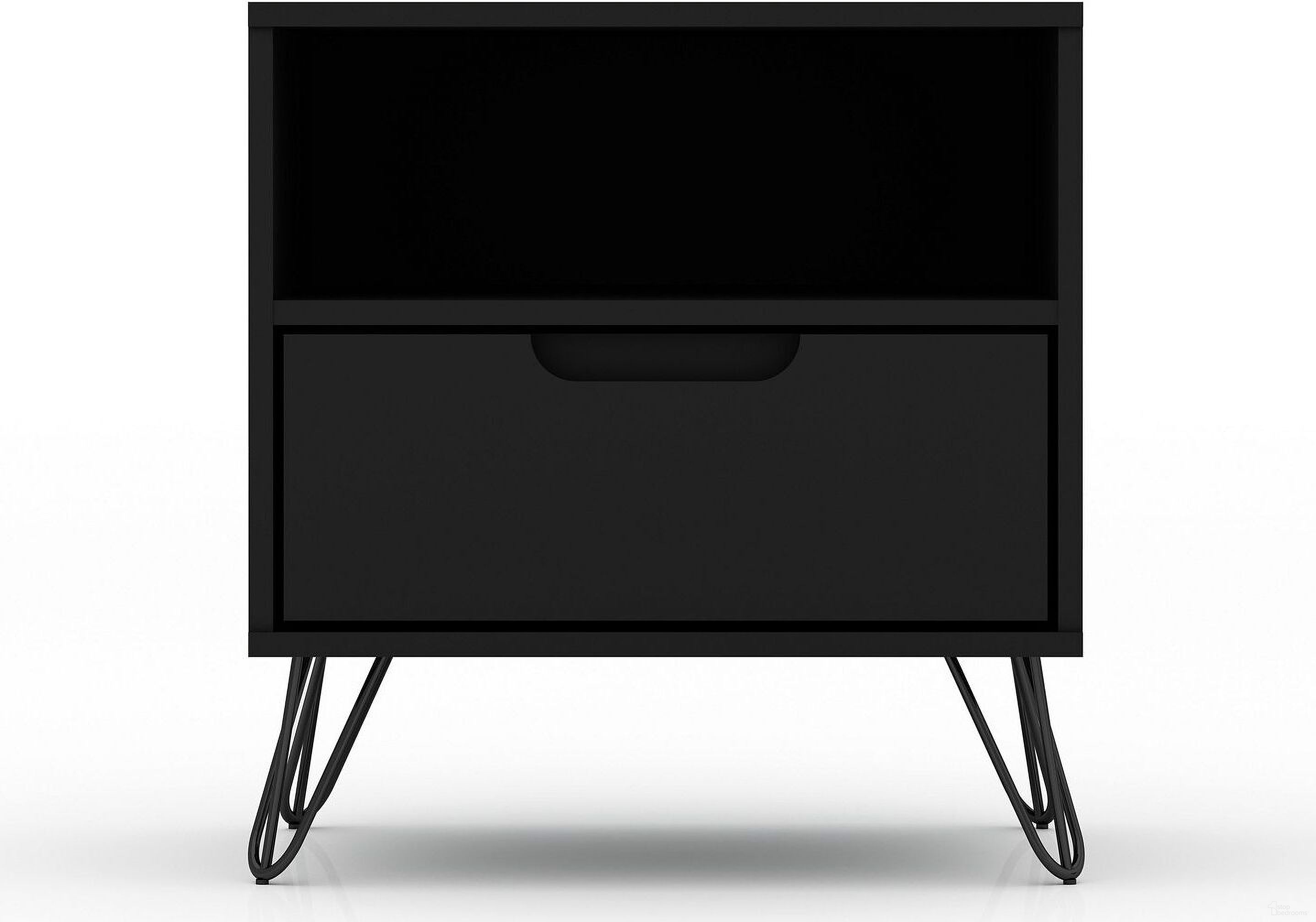 The appearance of Rockefeller 1.0 Mid-Century - Modern Nightstand With 1-Drawer In Black designed by Manhattan Comfort in the transitional interior design. This black piece of furniture  was selected by 1StopBedrooms from Rockefeller Collection to add a touch of cosiness and style into your home. Sku: 101GMC2. Material: MDF.