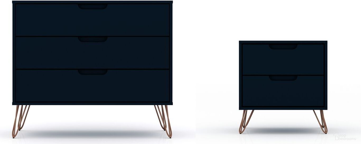 The appearance of Rockefeller Mic Century - Modern Dresser And Nightstand With Drawers - Set of 2 In Tatiana Midnight Blue designed by Manhattan Comfort in the transitional interior design. This midnight blue piece of furniture was selected by 1StopBedrooms from Rockefeller Collection to add a touch of cosiness and style into your home. Sku: 102GMC4;103GMC4. Material: MDF.