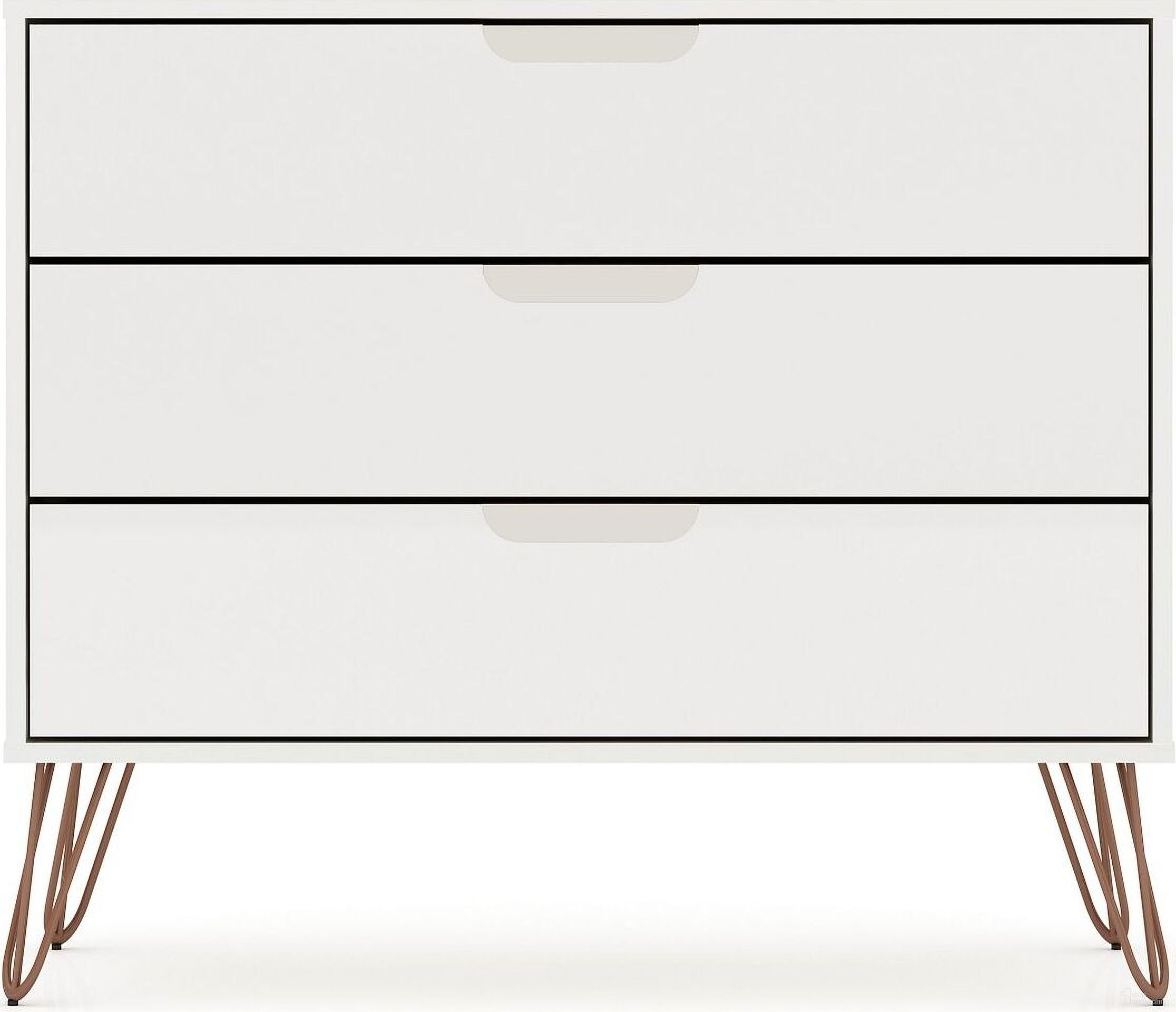 The appearance of Rockefeller Mid-Century Modern Dresser with 3 Drawers In White designed by Manhattan Comfort in the transitional interior design. This white piece of furniture was selected by 1StopBedrooms from Rockefeller Collection to add a touch of cosiness and style into your home. Sku: 103GMC1. Material: MDF.