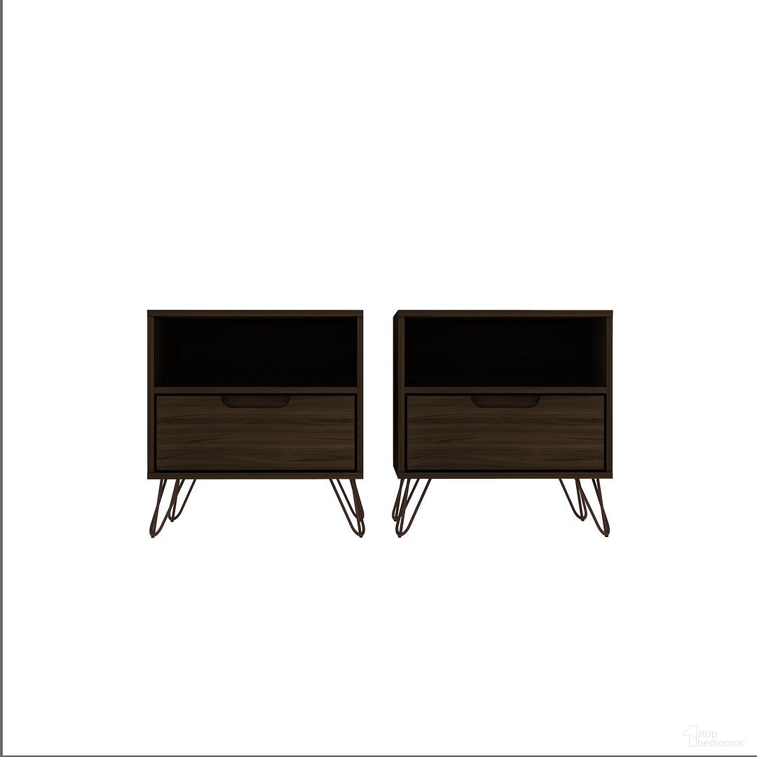 The appearance of Rockefeller Nightstand 1.0 - Set of 2 in Brown designed by Manhattan Comfort in the transitional interior design. This brown piece of furniture  was selected by 1StopBedrooms from Rockefeller Collection to add a touch of cosiness and style into your home. Sku: 101GMC5;101GMC5. Material: MDF.