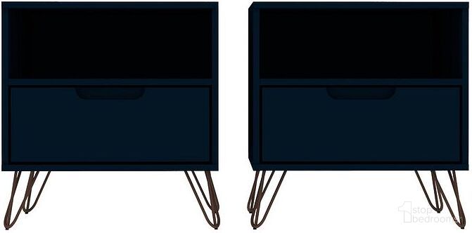 The appearance of Rockefeller Nightstand 1.0 - Set of 2 in Tatiana Midnight Blue designed by Manhattan Comfort in the transitional interior design. This tatiana midnight blue piece of furniture was selected by 1StopBedrooms from Rockefeller Collection to add a touch of cosiness and style into your home. Sku: 101GMC4;101GMC4. Material: MDF.