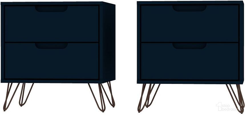 The appearance of Rockefeller Nightstand 2.0 - Set of 2 in Tatiana Midnight Blue designed by Manhattan Comfort in the transitional interior design. This tatiana midnight blue piece of furniture  was selected by 1StopBedrooms from Rockefeller Collection to add a touch of cosiness and style into your home. Sku: 102GMC4;102GMC4. Material: MDF.