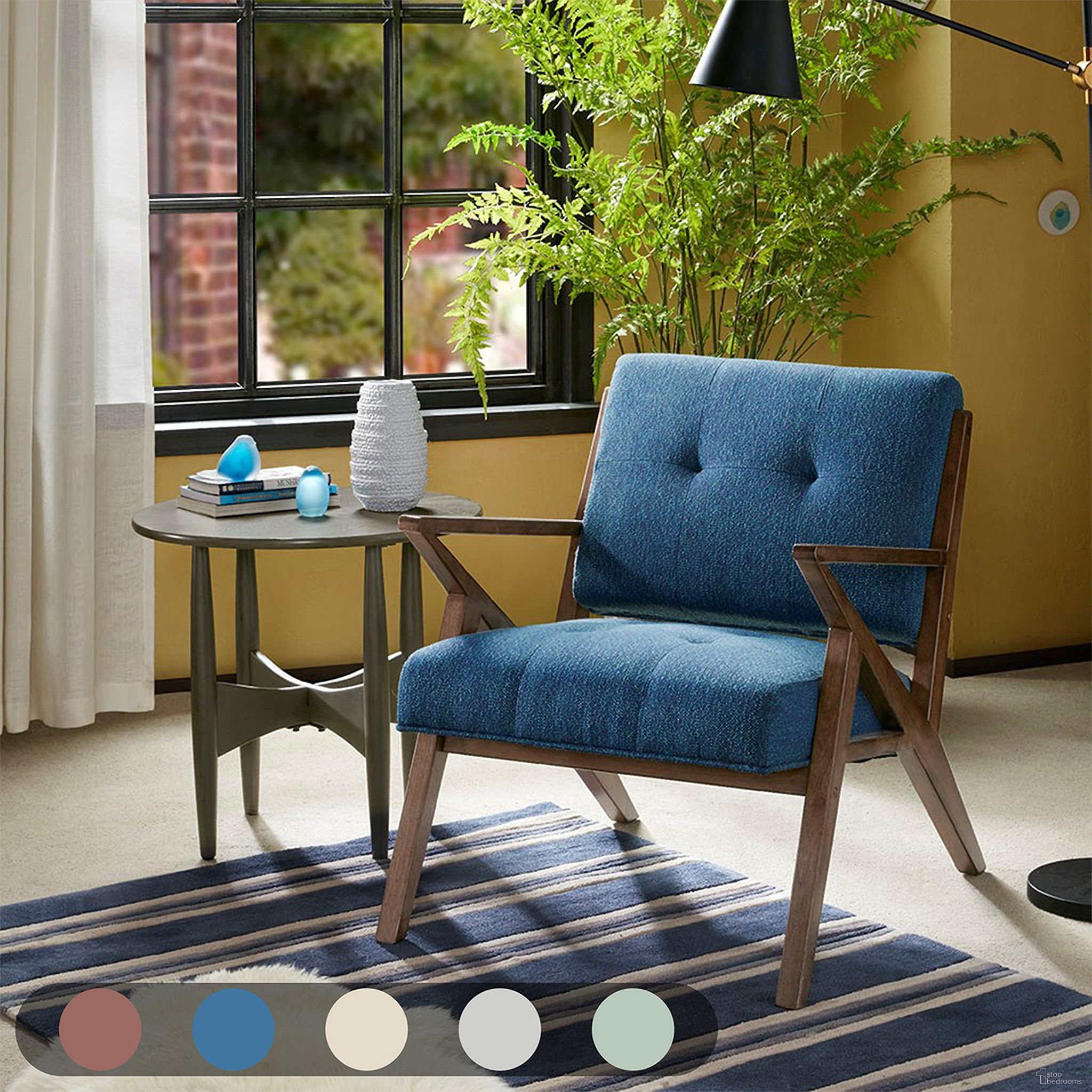The appearance of Rocket Lounge Chair In Blue and Pecan designed by Olliix in the transitional interior design. This blue/pecan piece of furniture  was selected by 1StopBedrooms from Rocket Collection to add a touch of cosiness and style into your home. Sku: II100-0088. Material: Polyester.