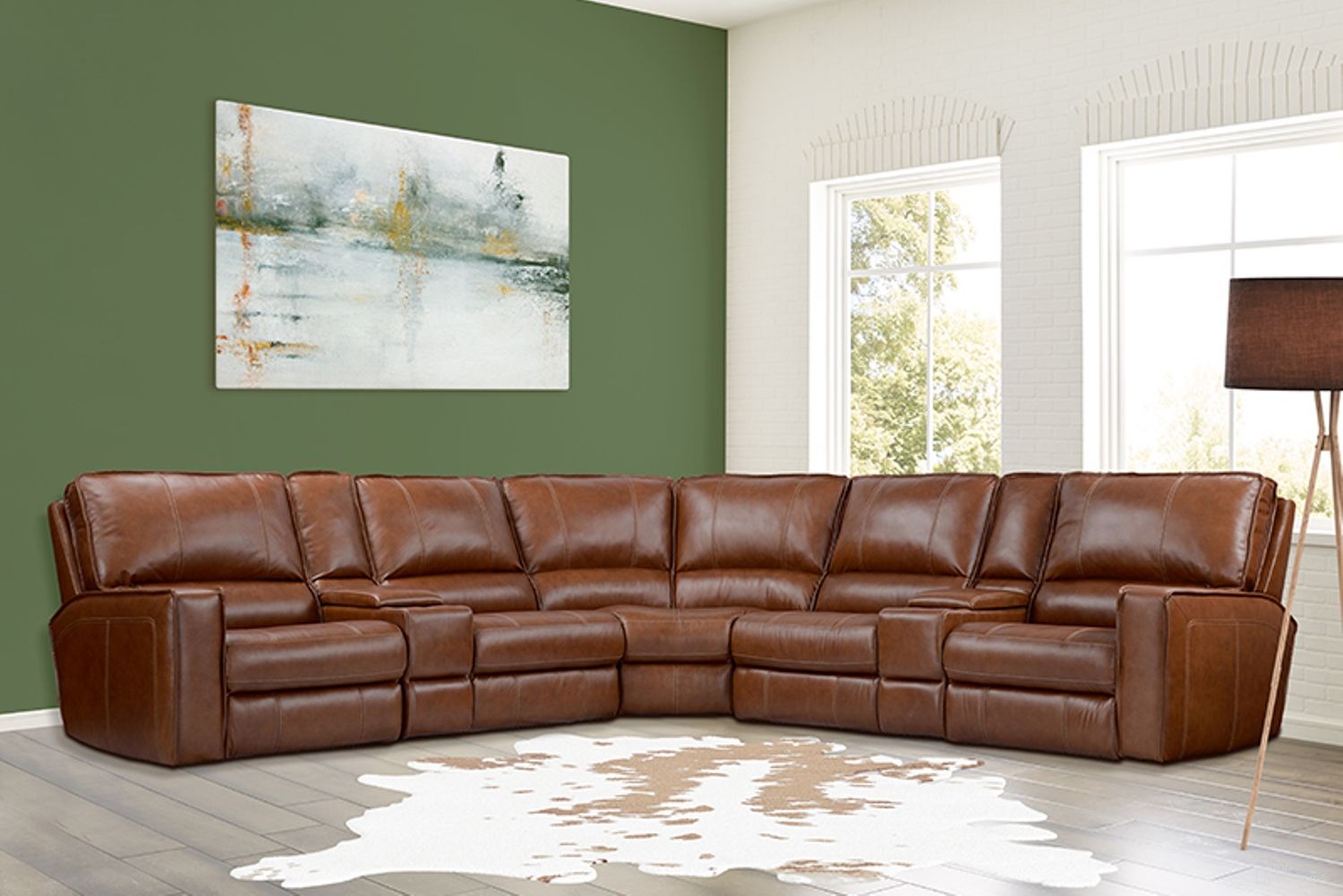 The appearance of Rockford 7 Piece Modular Power Reclining Sectional with Power Adjustable Headrests In Verona Saddle designed by Parker House in the transitional interior design. This verona saddle piece of furniture was selected by 1StopBedrooms from Rockford Collection to add a touch of cosiness and style into your home. Sku: MROC#810P-VSA;MROC#811LPH-VSA;MROC#811RPH-VSA;MROC#840-VSA;MROC#850-VSA;MROC#860-VSA;MROC#860-VSA. Material: Leather.