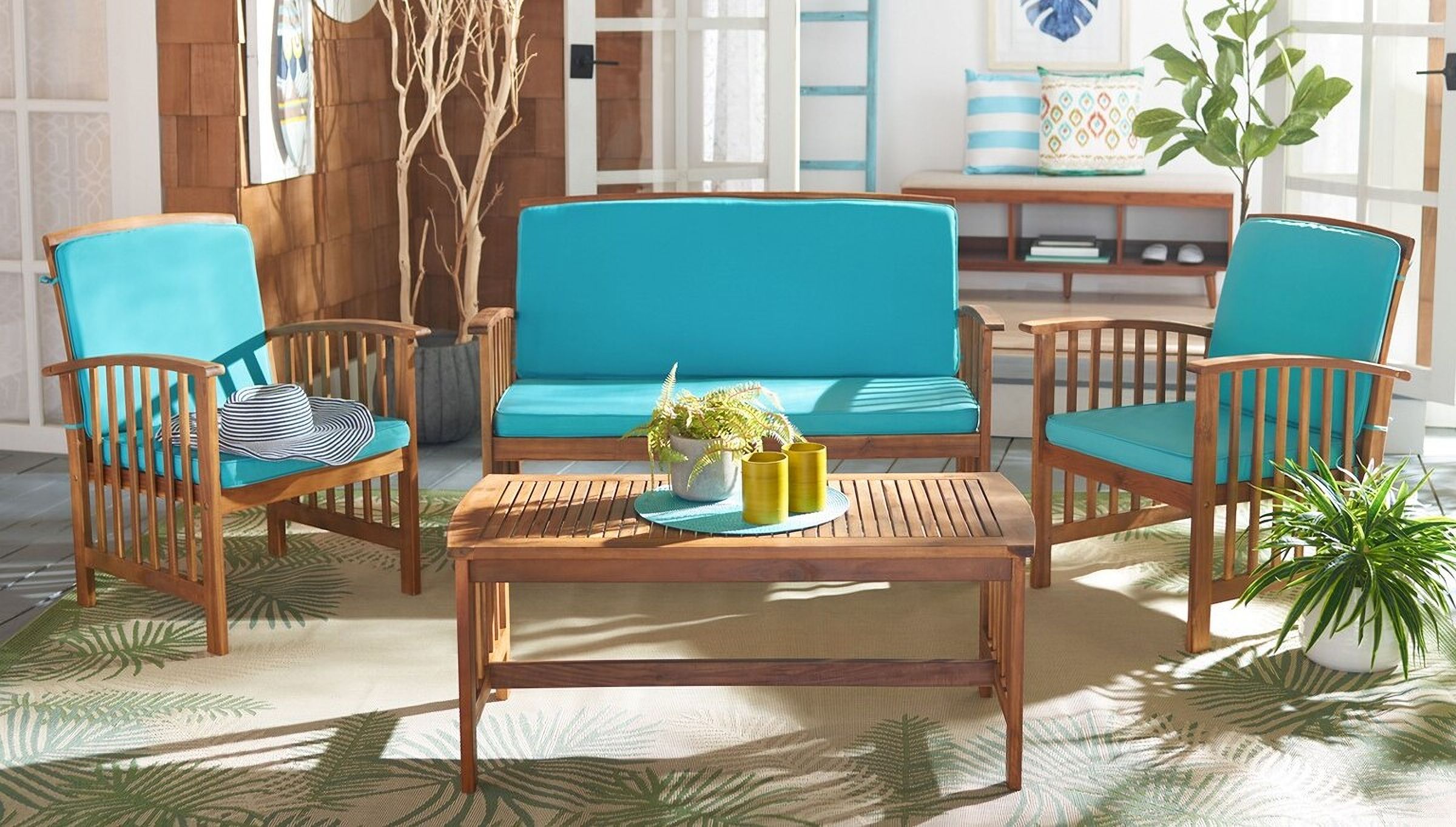The appearance of Rocklin 4 Piece Outdoor Set In Aqua designed by Safavieh in the modern / contemporary interior design. This aqua piece of furniture was selected by 1StopBedrooms from Rocklin Collection to add a touch of cosiness and style into your home. Sku: PAT7007Q. Material: Wood.