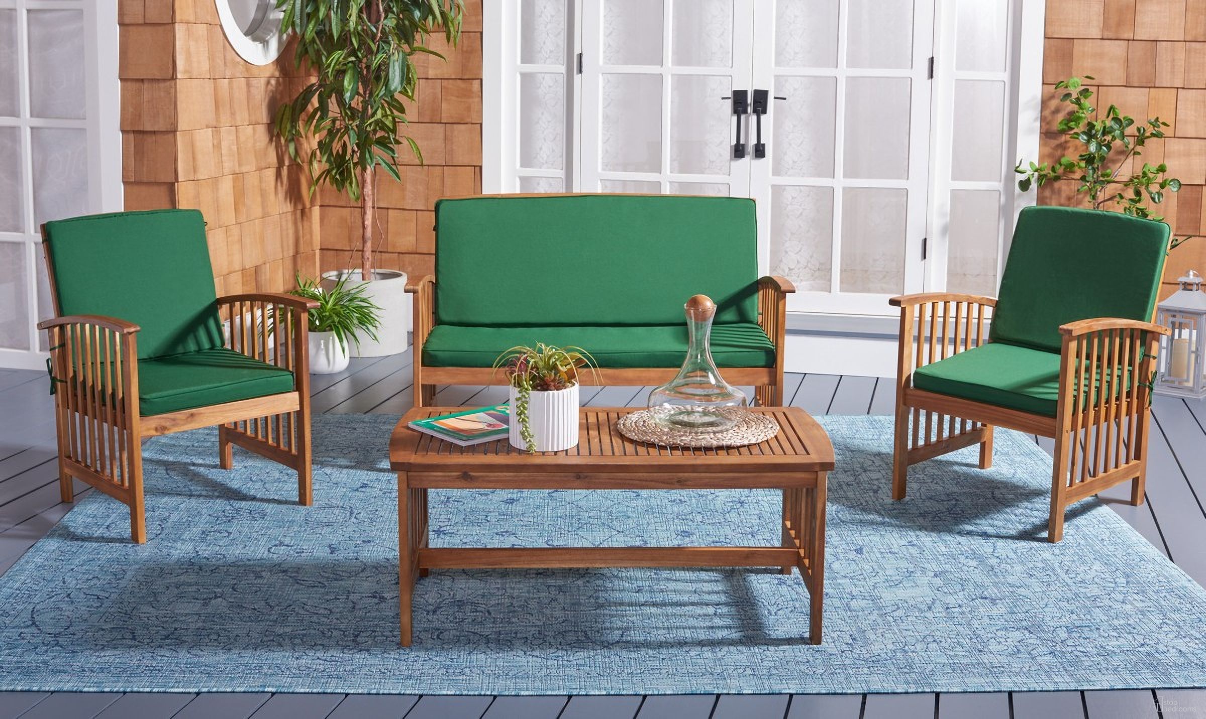 The appearance of Rocklin 4 Pc Outdoor Set in Green designed by Safavieh in the modern / contemporary interior design. This green piece of furniture was selected by 1StopBedrooms from Rocklin Collection to add a touch of cosiness and style into your home. Sku: PAT7007N. Material: Wood.