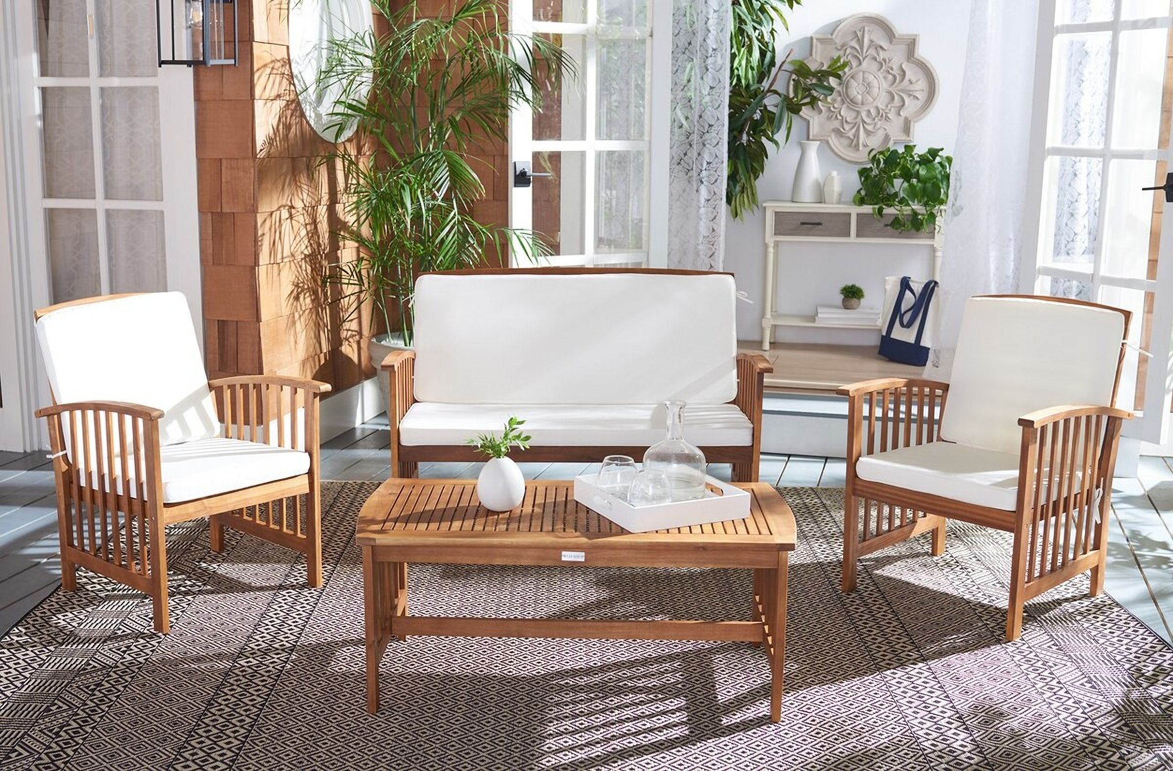 The appearance of Rocklin Teak Look and Beige 4-Piece Outdoor Set designed by Safavieh in the modern / contemporary interior design. This beige piece of furniture  was selected by 1StopBedrooms from Rocklin Collection to add a touch of cosiness and style into your home. Sku: PAT7007A. Material: Steel.