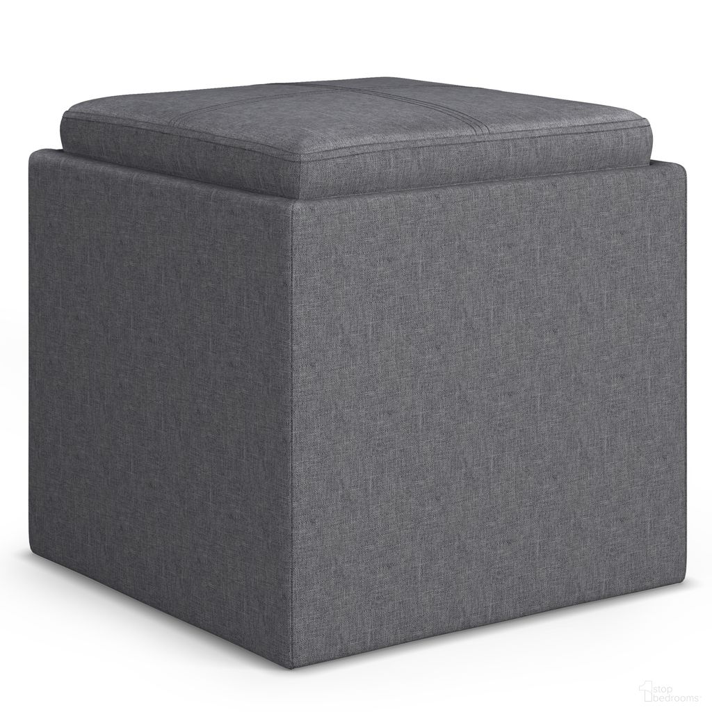 Rockwood Linen Look Fabric Cube Storage Ottoman with Tray In Slate Grey