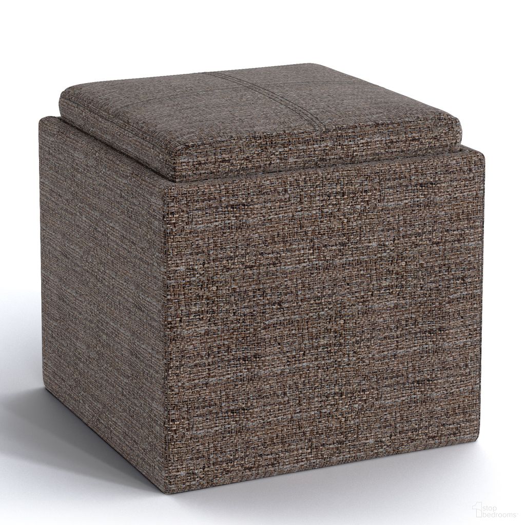 The appearance of Rockwood Tweed Look Fabric Cube Storage Ottoman with Tray In Mink Brown designed by Simpli Home in the modern / contemporary interior design. This mink brown piece of furniture  was selected by 1StopBedrooms from Rockwood Collection to add a touch of cosiness and style into your home. Sku: 3AXCOT-254-MBR. Material: Polyester.