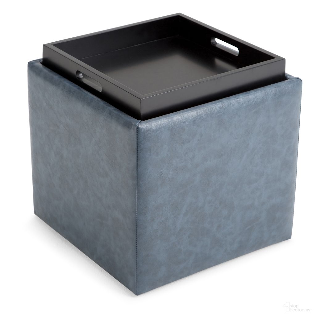 The appearance of Rockwood Vegan Faux Leather Cube Storage Ottoman with Tray In Denim Blue designed by Simpli Home in the modern / contemporary interior design. This denim blue piece of furniture was selected by 1StopBedrooms from Rockwood Collection to add a touch of cosiness and style into your home. Sku: 3AXCOT-254-DBU. Material: Faux Leather.
