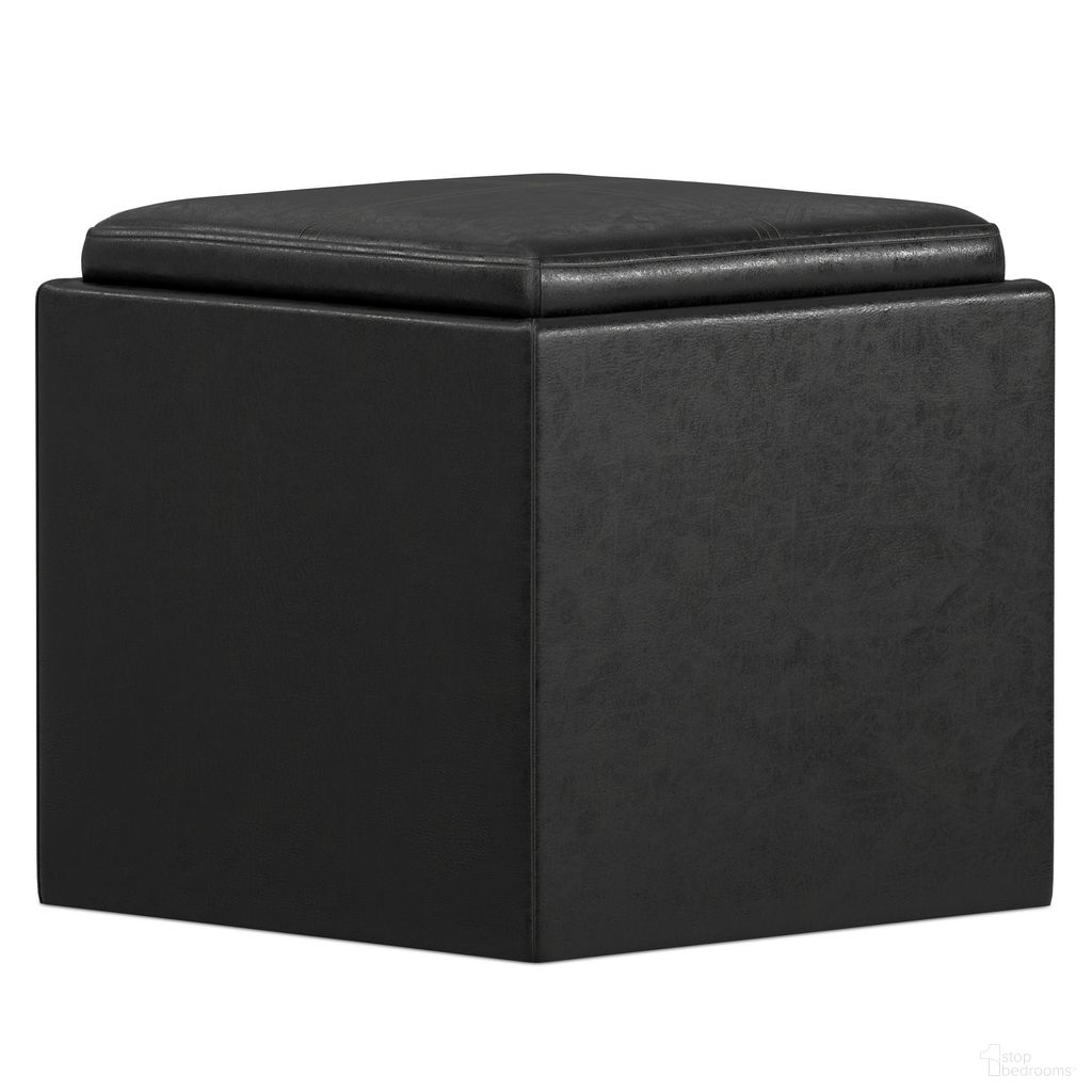 The appearance of Rockwood Vegan Faux Leather Cube Storage Ottoman with Tray In Distressed Black designed by Simpli Home in the modern / contemporary interior design. This distressed black piece of furniture was selected by 1StopBedrooms from Rockwood Collection to add a touch of cosiness and style into your home. Sku: AXCOT-254-DBL. Material: Faux Leather.