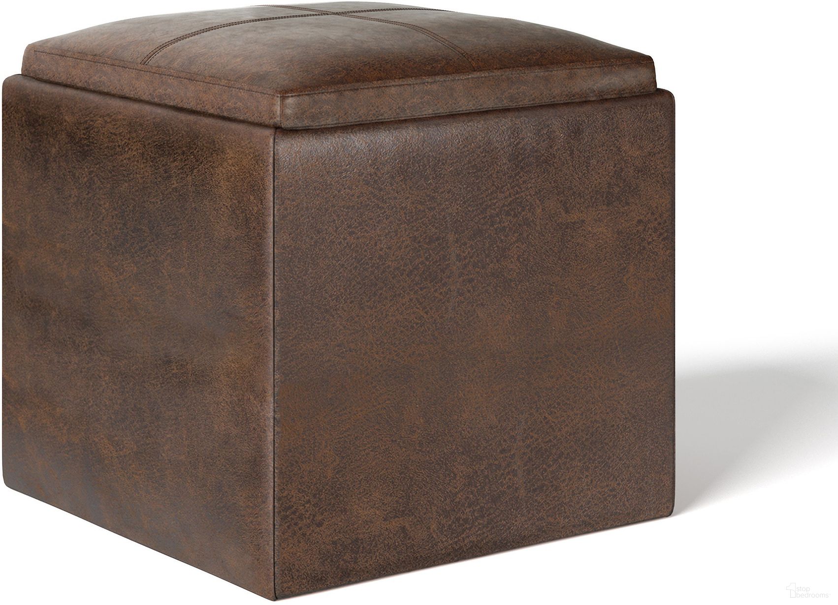 Rockwood Vegan Faux Leather Cube Storage Ottoman with Tray In Distressed Brown