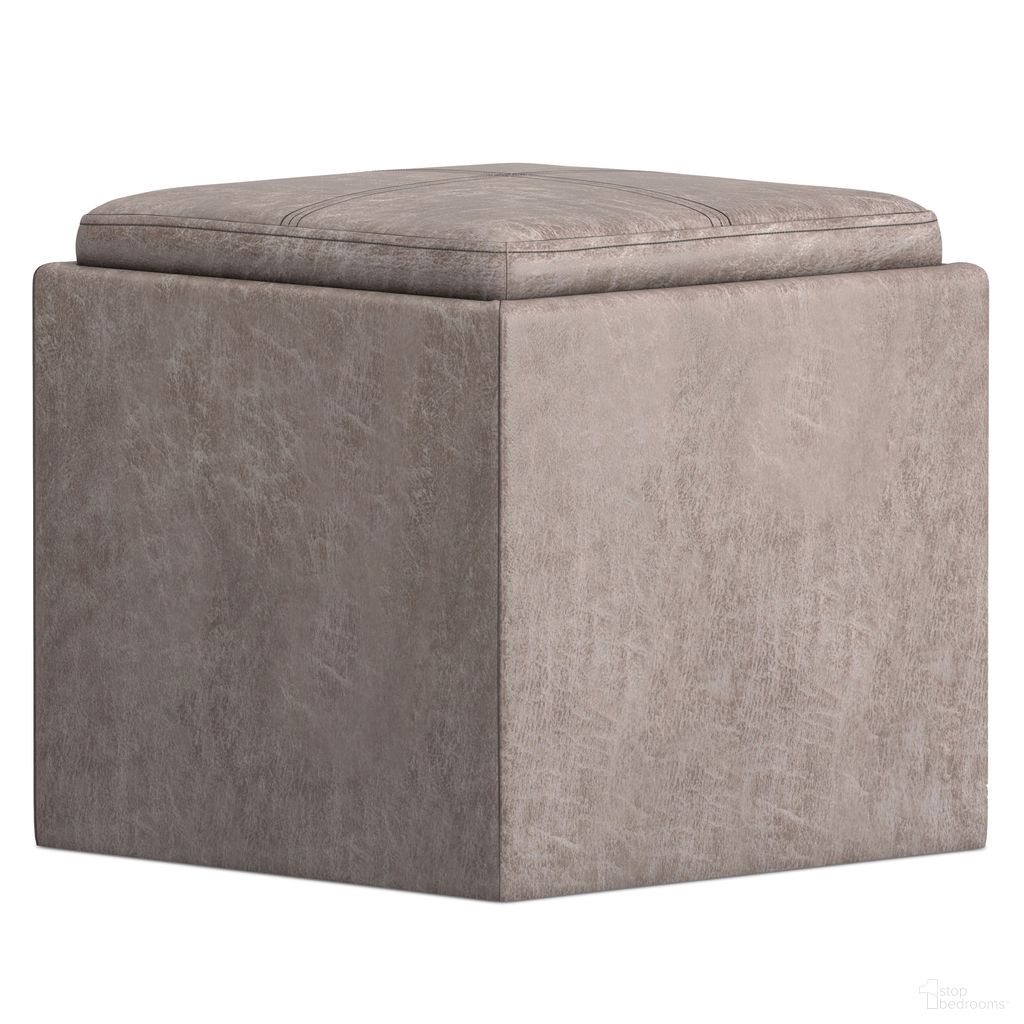 Rockwood Vegan Faux Leather Cube Storage Ottoman with Tray In Distressed Grey Taupe