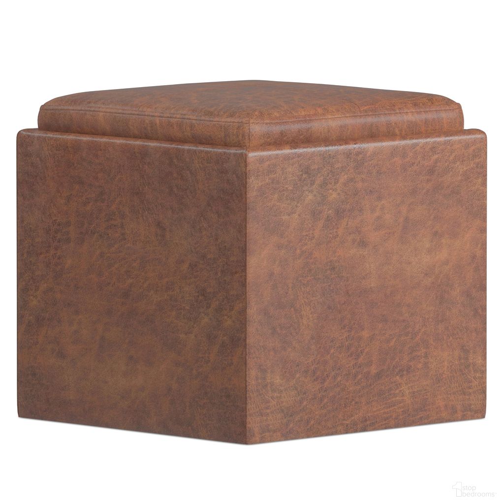The appearance of Rockwood Vegan Faux Leather Cube Storage Ottoman with Tray In Distressed Saddle Brown designed by Simpli Home in the modern / contemporary interior design. This distressed saddle brown piece of furniture  was selected by 1StopBedrooms from Rockwood Collection to add a touch of cosiness and style into your home. Sku: AXCOT-254-DSB. Material: Faux Leather.