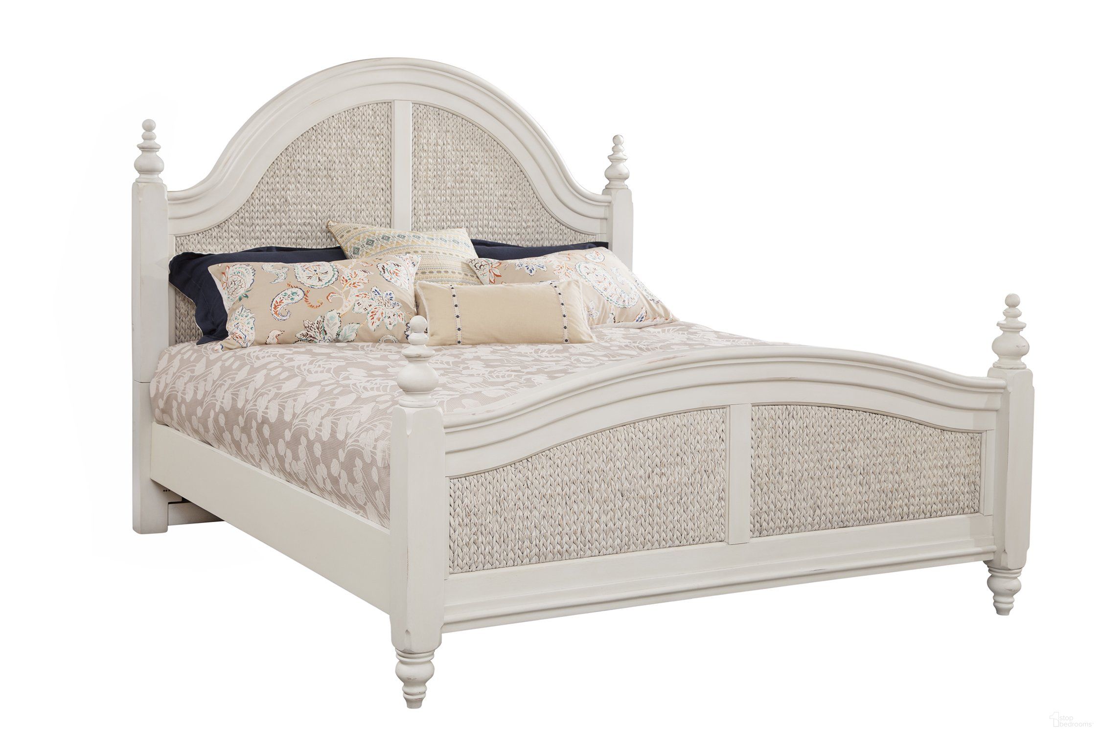 The appearance of Rodanthe Dove White King Woven Poster Bed designed by American Woodcrafters in the transitional interior design. This white piece of furniture was selected by 1StopBedrooms from Rodanthe Collection to add a touch of cosiness and style into your home. Sku: 3910-991;3910-994;3910-880. Bed Type: Poster Bed. Bed Size: King. Material: Solid Hardwood.